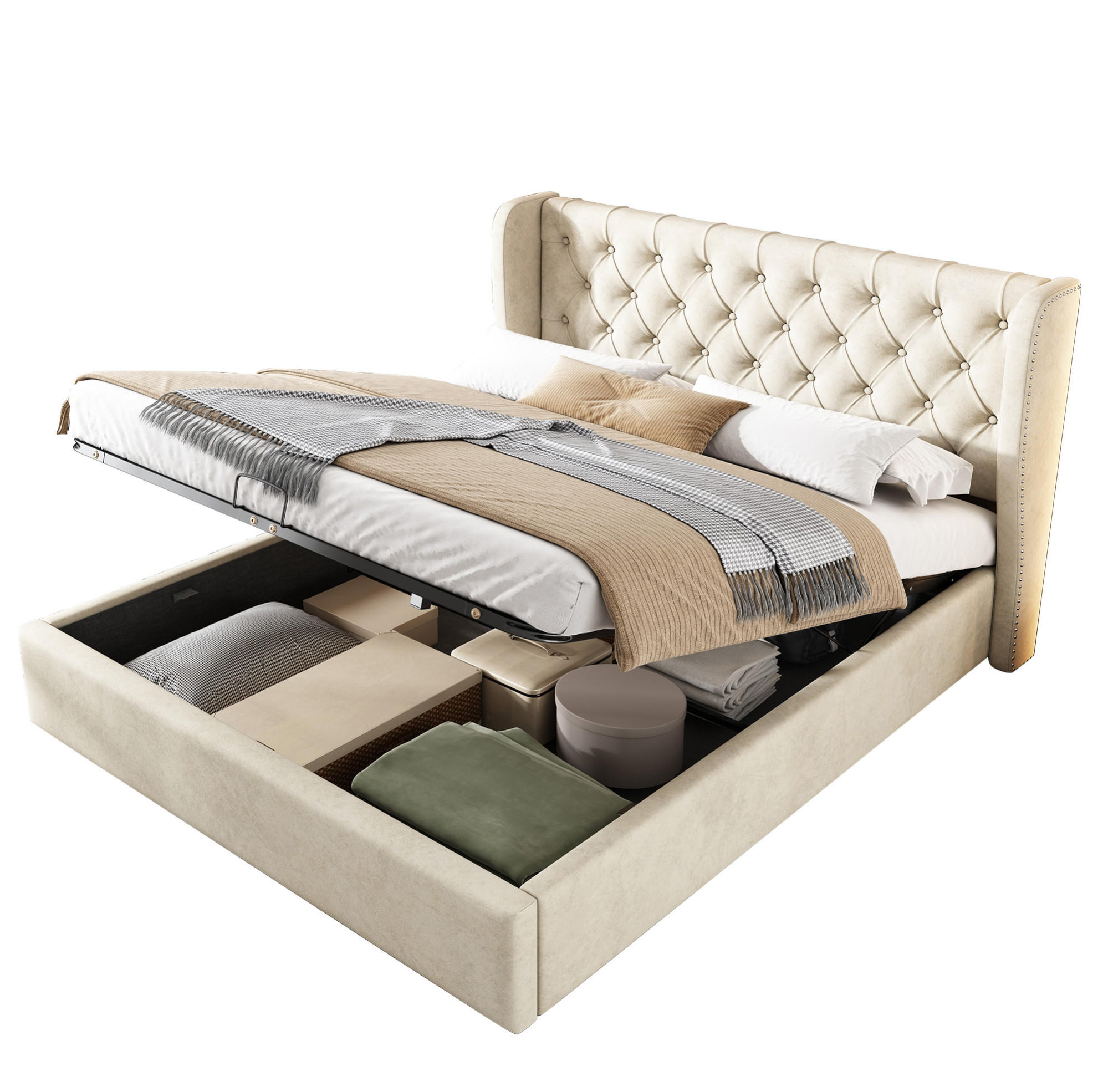 POLSTERBETT mit Bettkasten 140x200 cm Samt Beige inkl. Lattenrost - Beige, Metall (140/200cm) - Meubliv