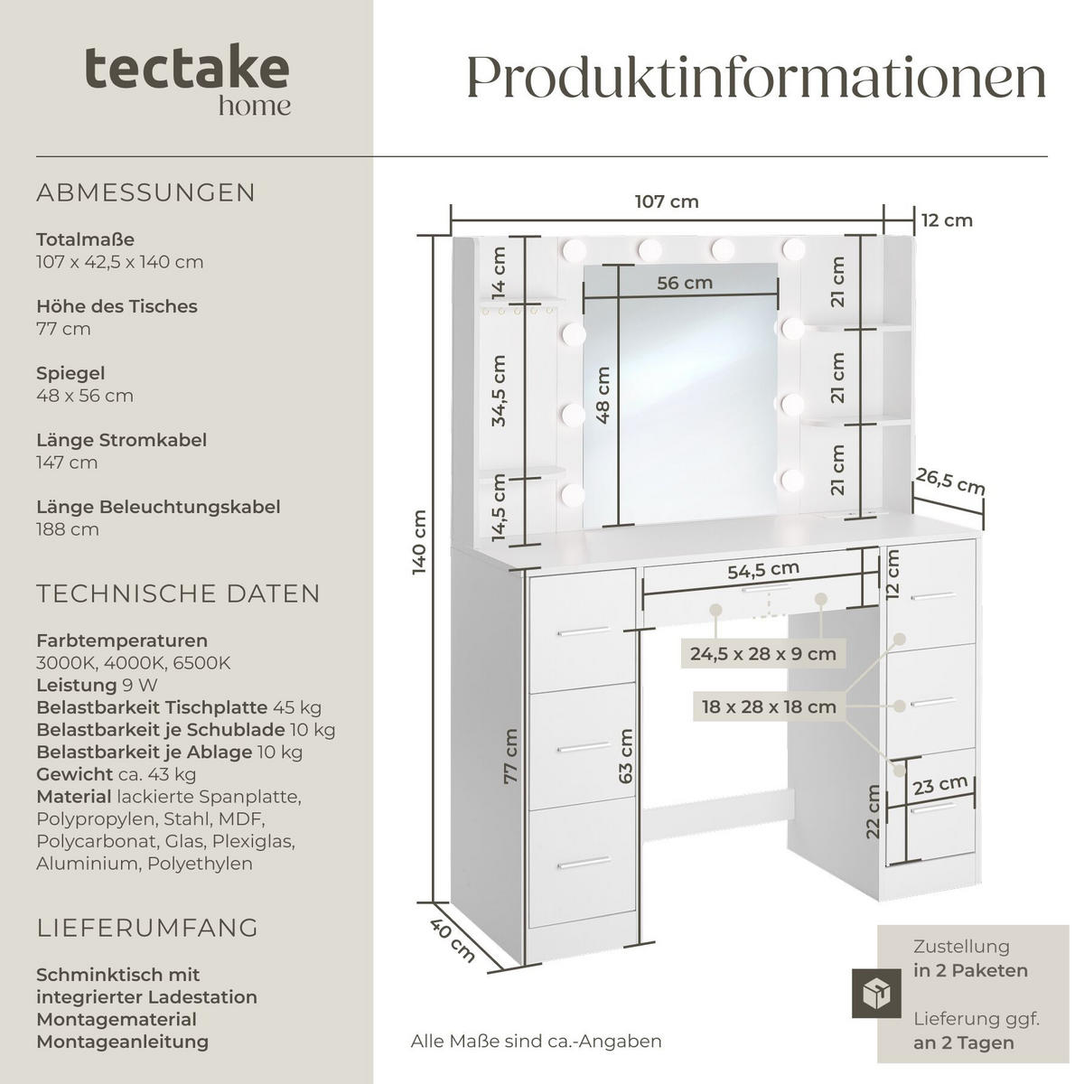 SCHMINKTISCH Charlotte, 107 x 42,5 x 140 cm, weiß - Weiß, Holzwerkstoff (107/140/42.5cm) - tectake