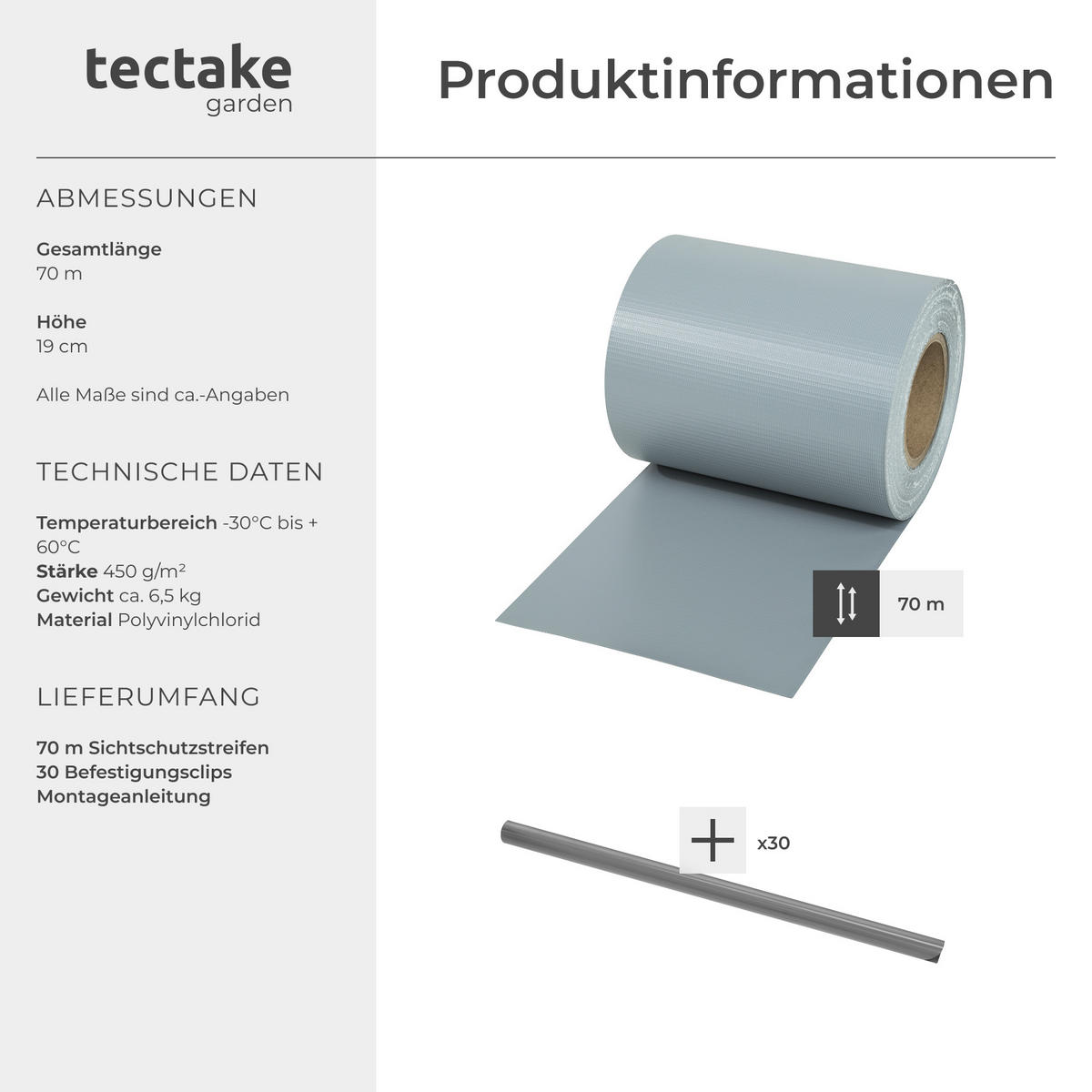 SICHTSCHUTZSTREIFEN ,leichte Montage, inklusive Befestigungsclips,grau - Grau, Kunststoff (7000/19cm) - tectake