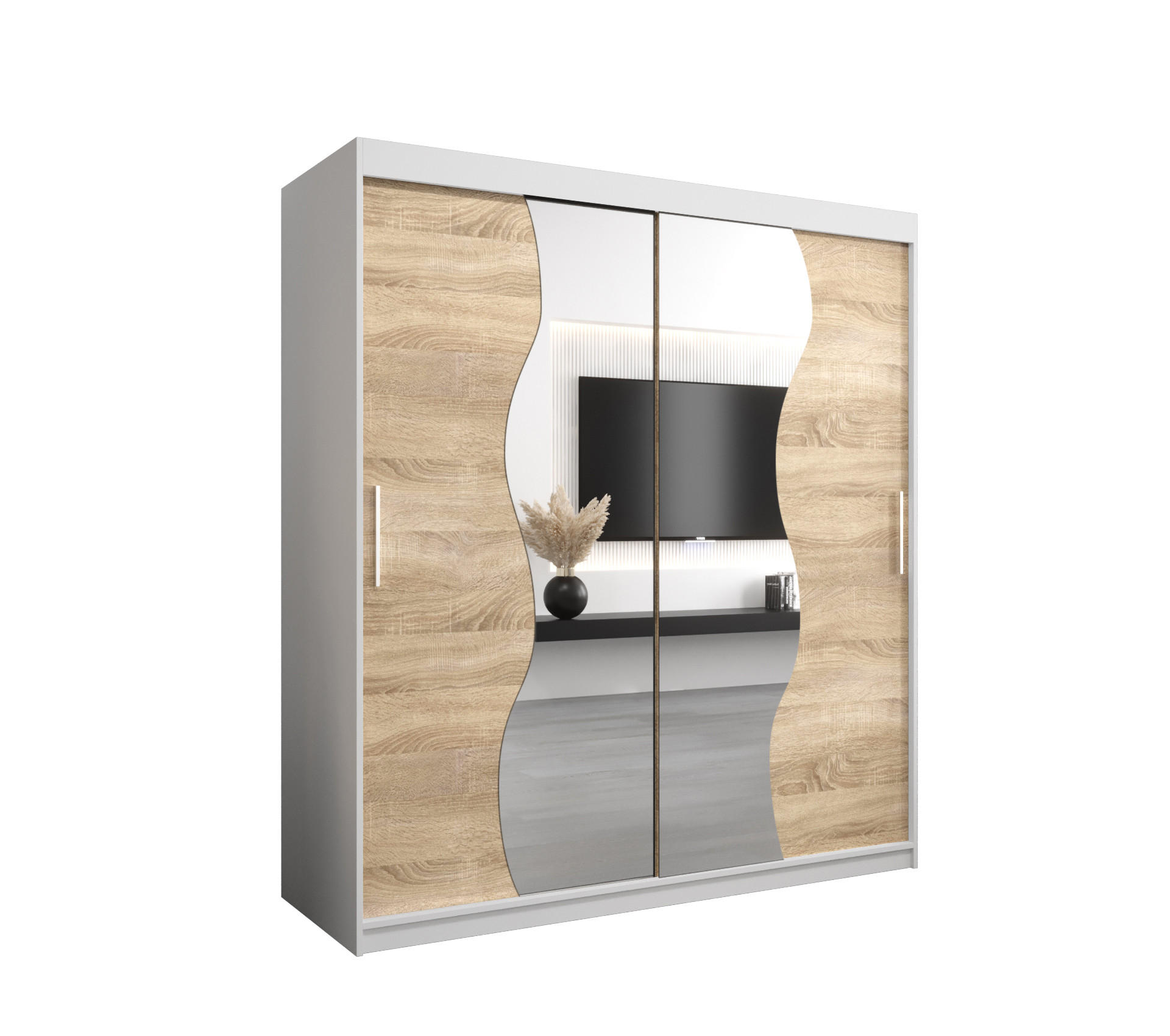 Möbel Kryspol Schwebetürenschrank Weiß, Sonoma Eiche 180x200x62 cm