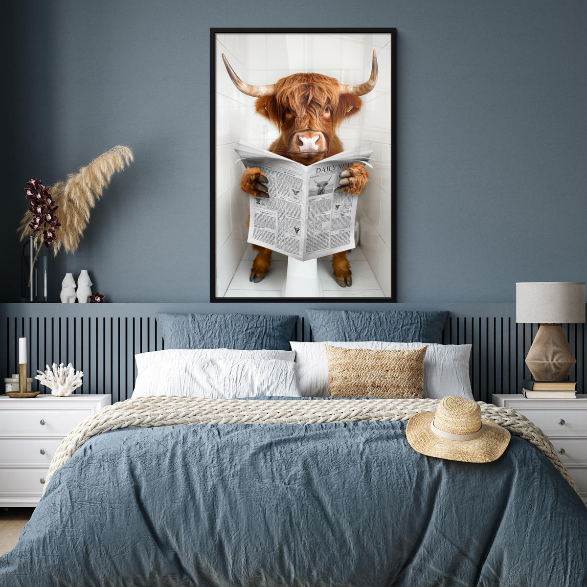 GERAHMTES BILD Schottisches Hochlandrind - Tier - Zeitung - Toilette 80x120 cm - Kastanienfarben, Papier (80/120cm) - MuchoWow