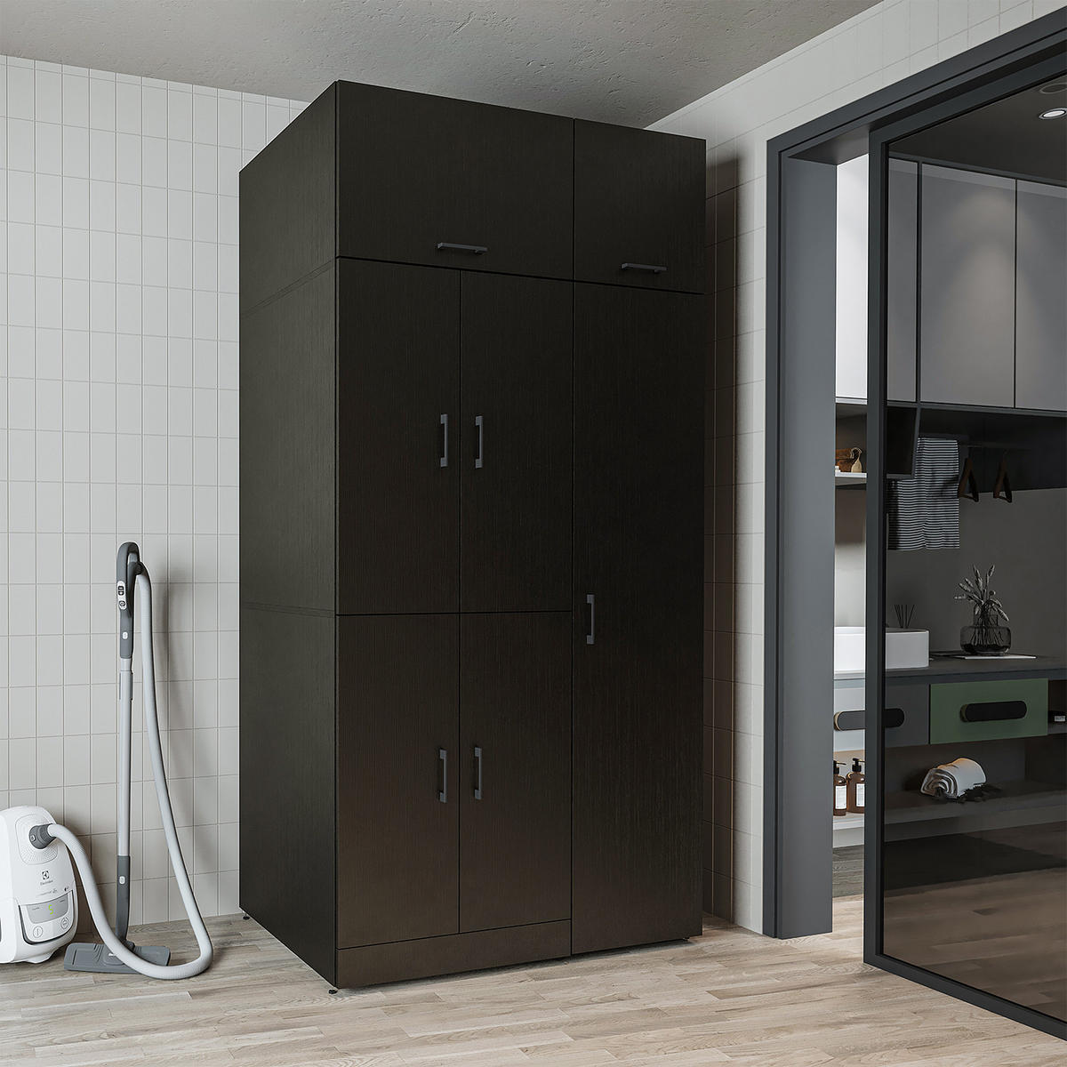 WASCHMASCHINENSCHRANK DORA-II 115cm Breit, 230cm Hoch - Schwarz, Holzwerkstoff (115/230/73.8cm)