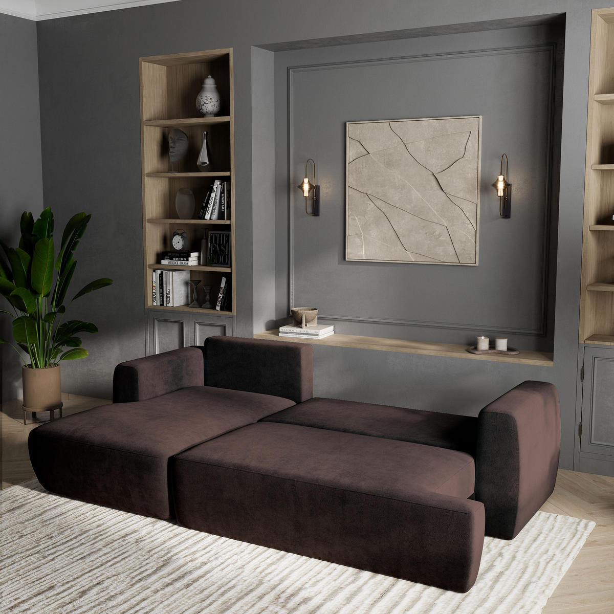 ECKSOFA SENTI K L-S Braun Plüsch-Stoff mit Schlaffunktion - Braun, Holz (246/148cm) - MASSENO