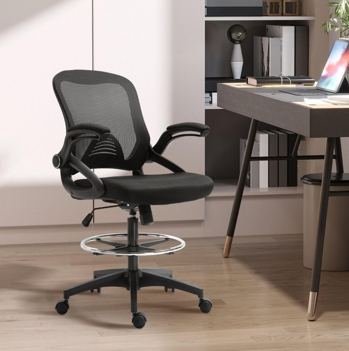 BÜROSTUHL in Schwarz 60x64x126 cm mit Stehfunktion, Fußstütze und klappbaren Armlehnen - Schwarz, Kunststoff (64/126/60cm) - IVMEU