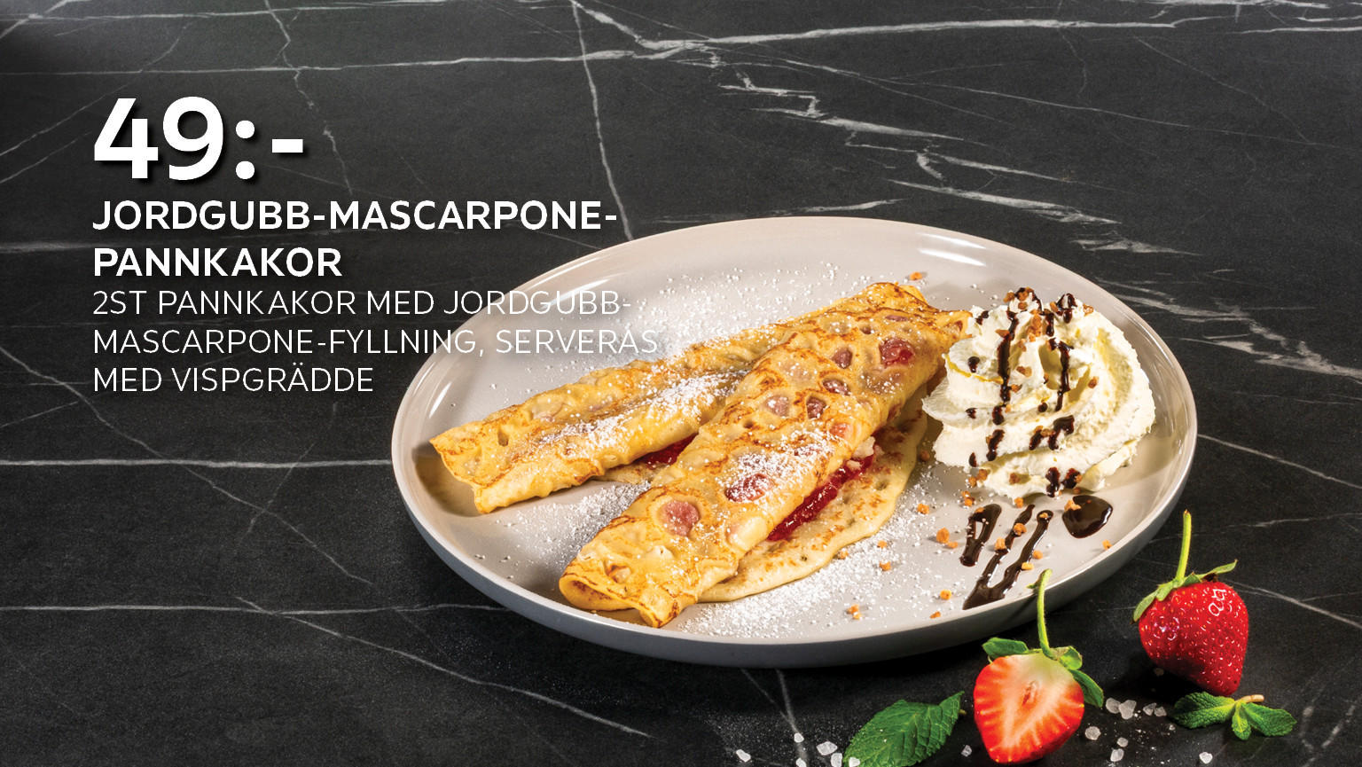 Jordgubb-mascarpone-pannkakor 2st pannkakor med jordgubb-mascarpone-fyllning, serveras med vispgrädde