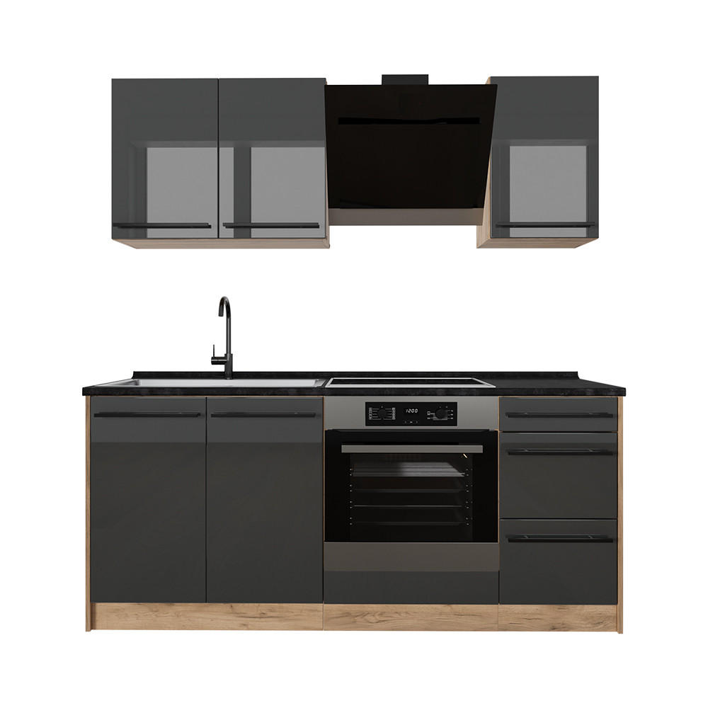 Vicco Singleküche Schwarz Hochglanz, Honigeiche 180x206.8x60 cm