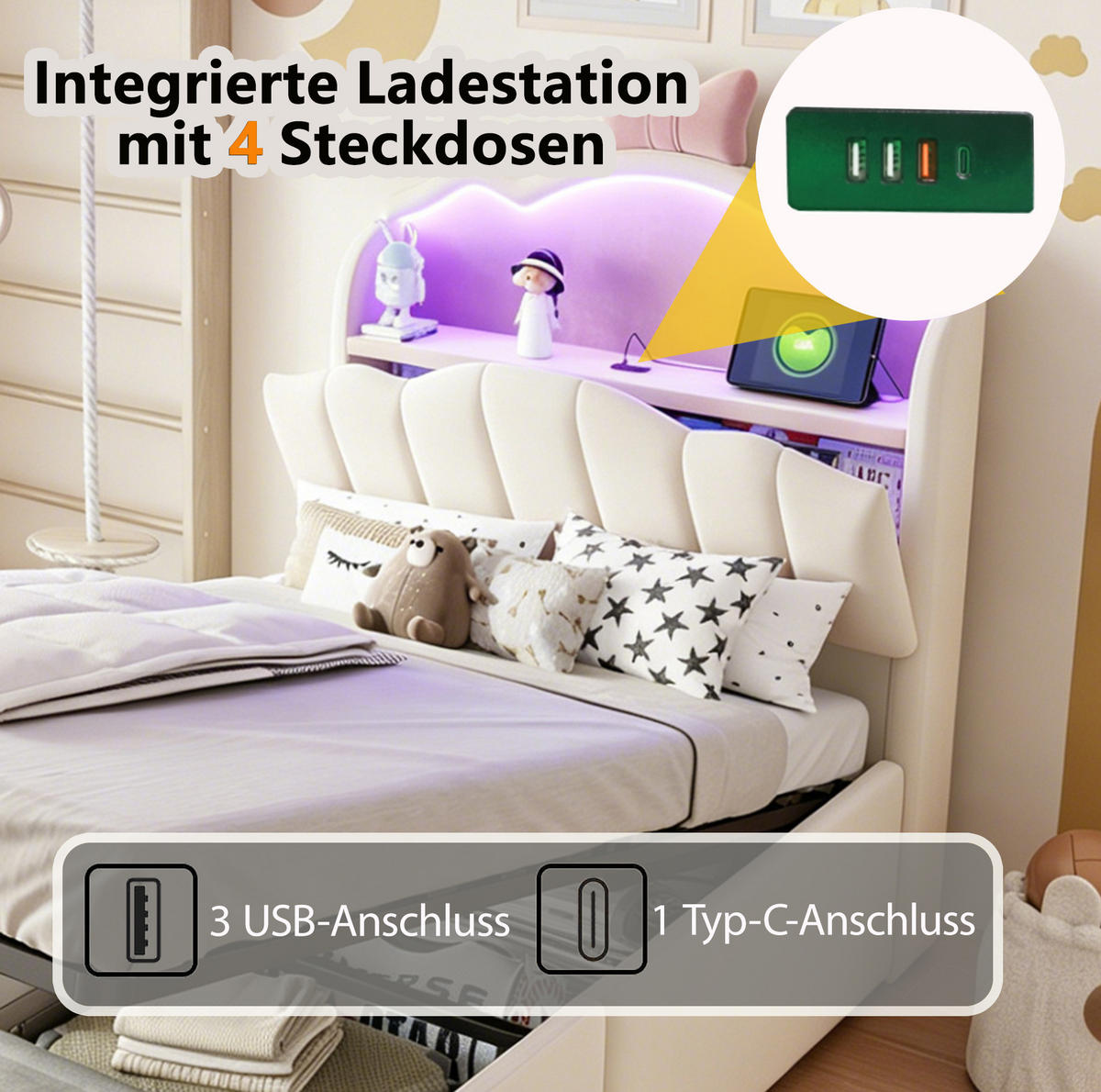 KINDERBETT 90x200 cm in Beige mit LED-Beleuchtung, Stauraum und USB-Anschlüssen - Beige, Textil (90/200cm) - IVMEU