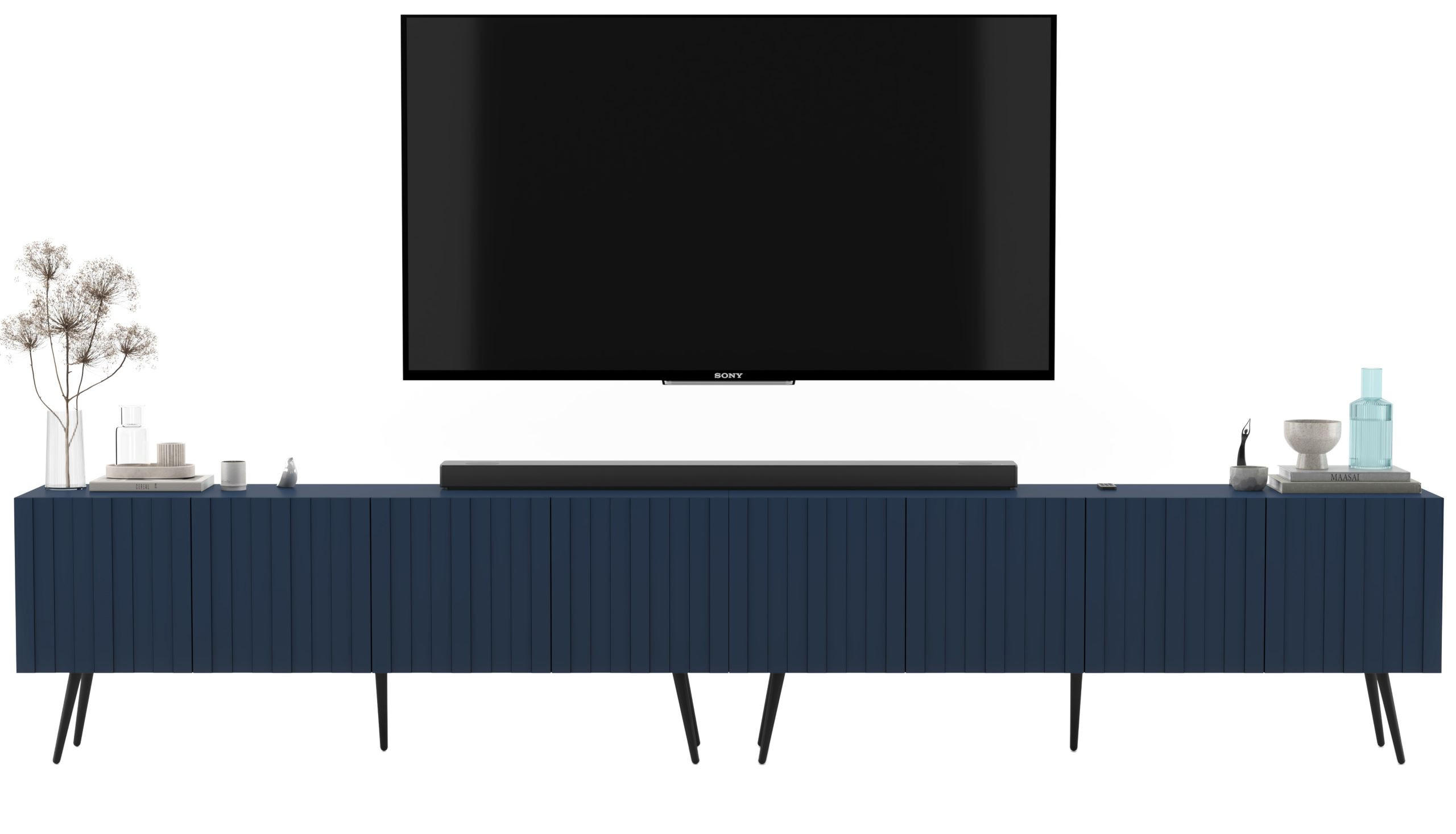 TV-LOWBOARD 2-er Set Elpis Marineblau mit Metallbeinen 150 cm Glamour - Blau/Schwarz, Holzwerkstoff (300/60.5/36.5cm) - Meble Lindner