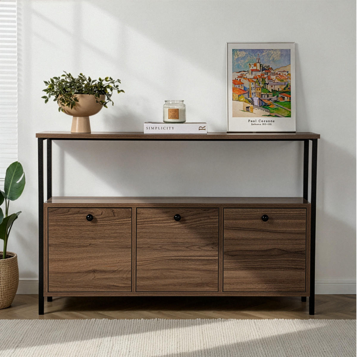 SIDEBOARD mit 3 Türen und 1 oberer Ablagefläche 120/29,5/77 cm - Schwarz, Holzwerkstoff (29.5/77/120cm) - Calicosy