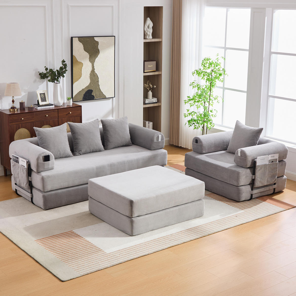 SOFA modular mit Hocker 200 x 94 x 67 cm Cord Hellgrau - Hellgrau, Kunststoff (190/67/312cm) - Meubliv