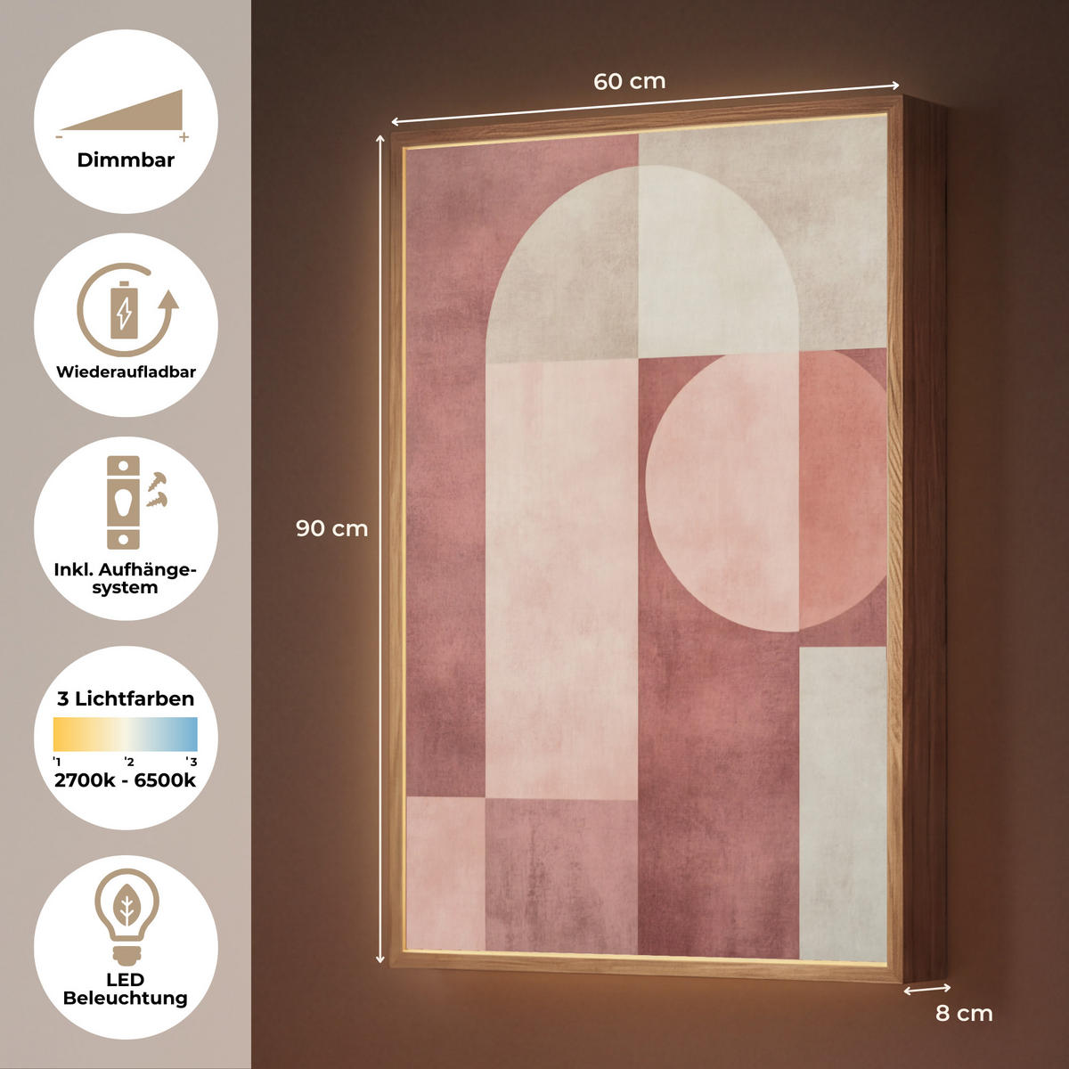 NÁSTĚNNÁ LAMPA S AKUMULÁTOREM Postavy - Abstraktní - Růžová 60x90 cm - starorůžová, kompozitní dřevo (60/90/8cm) - OnlyWow