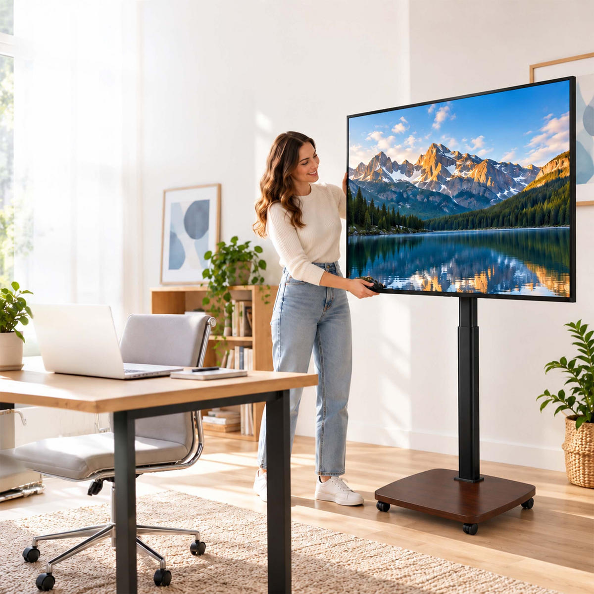 SUPORT Maro Negru cu roți pentru TV 43-75 inch - multicolor, compozit lemnos/metal (60/134.5/38cm) - Relaxdays