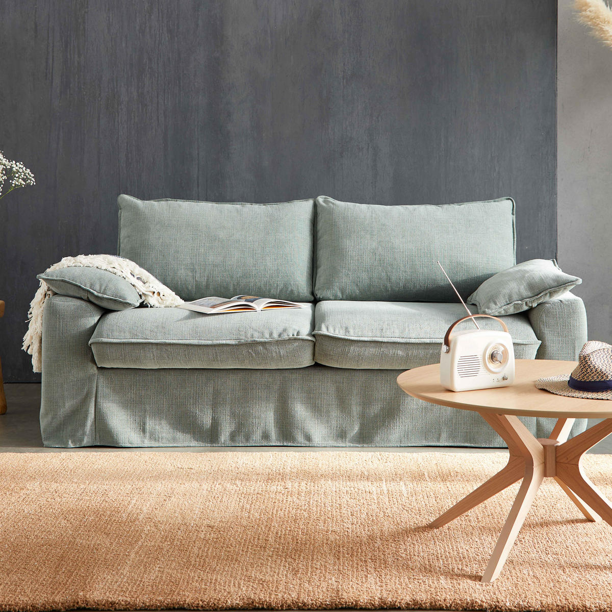 3-SITZER-SOFA, Stoff, Grün/Grau - Grün, Textil (97/88/205cm) - Oviala