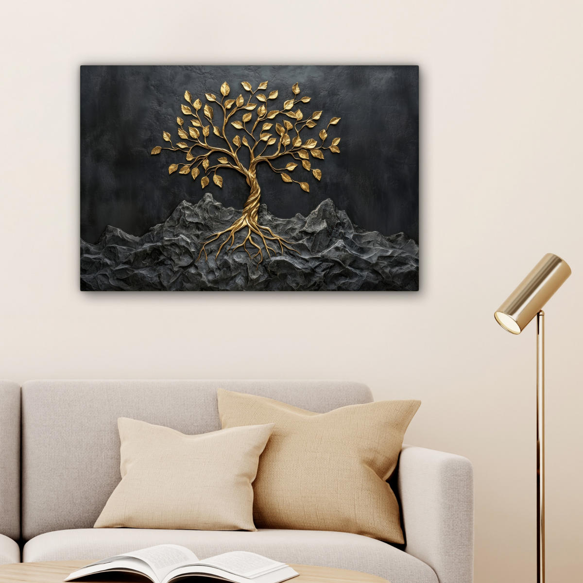 LEINWANDBILD Blätter - Gold - Baum - Fels Wanddeko 90x60 cm - Schwarz, Textil (90/60cm) - MuchoWow