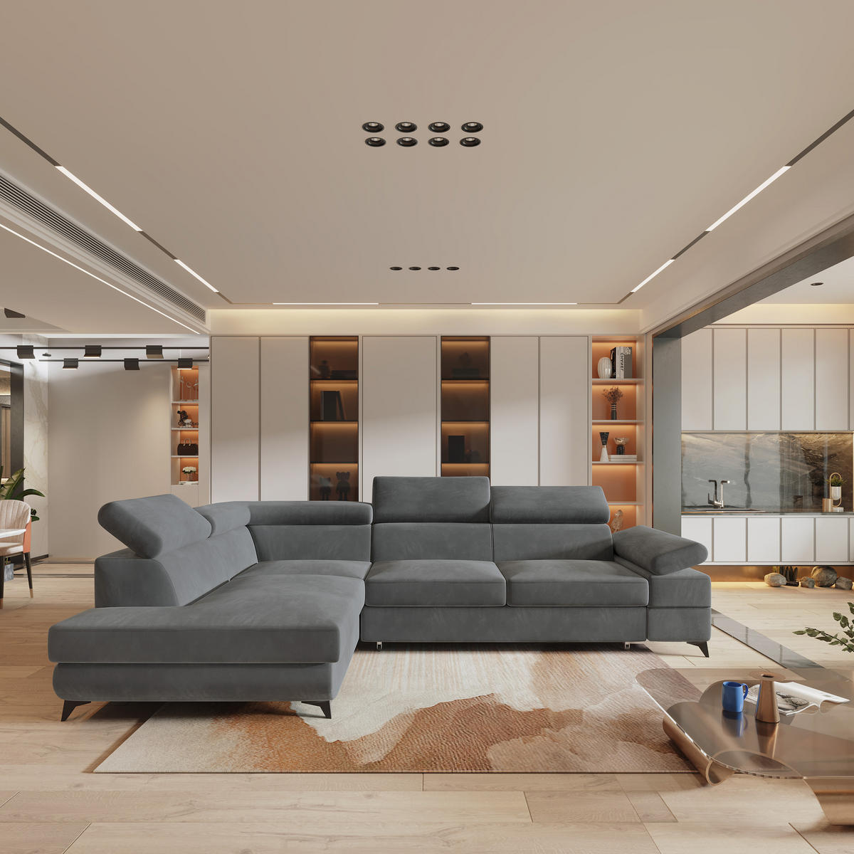 ECKSOFA FAVIEN L-S Grau Velours-Stoff mit Schlaffunktion - Grau, Holz (257/190cm) - MASSENO