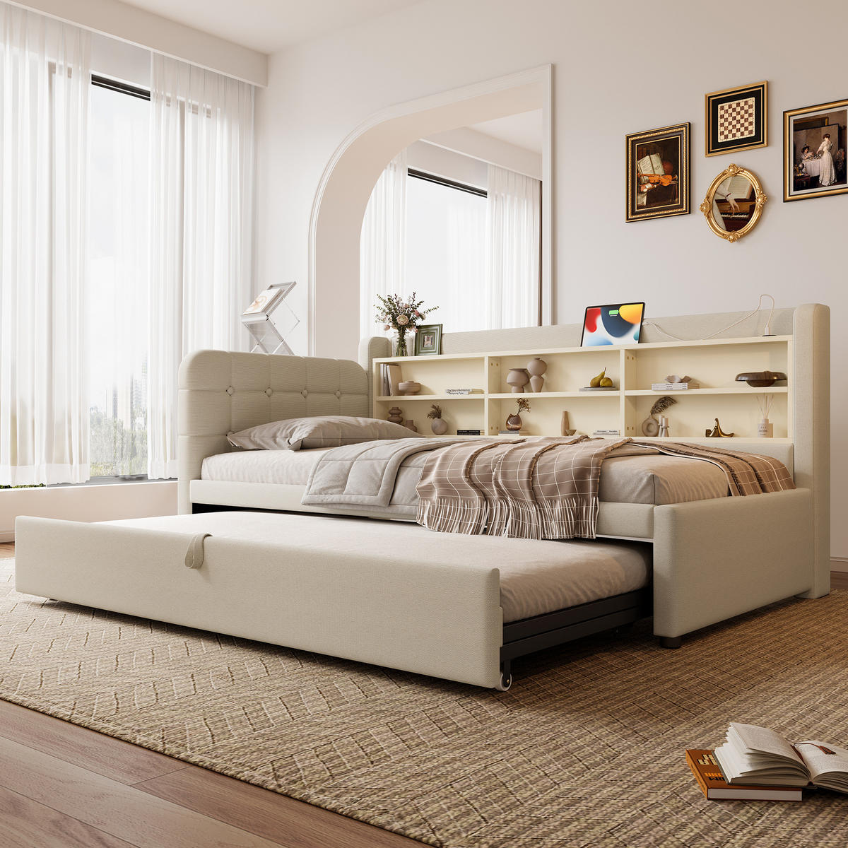 POLSTERBETT 90/200 cm mit Ausziehbett, USB- und USB-C-Anschluss, Ablagefächern und Lattenrost, Beige - Beige, Textil (90/200cm) - Redom