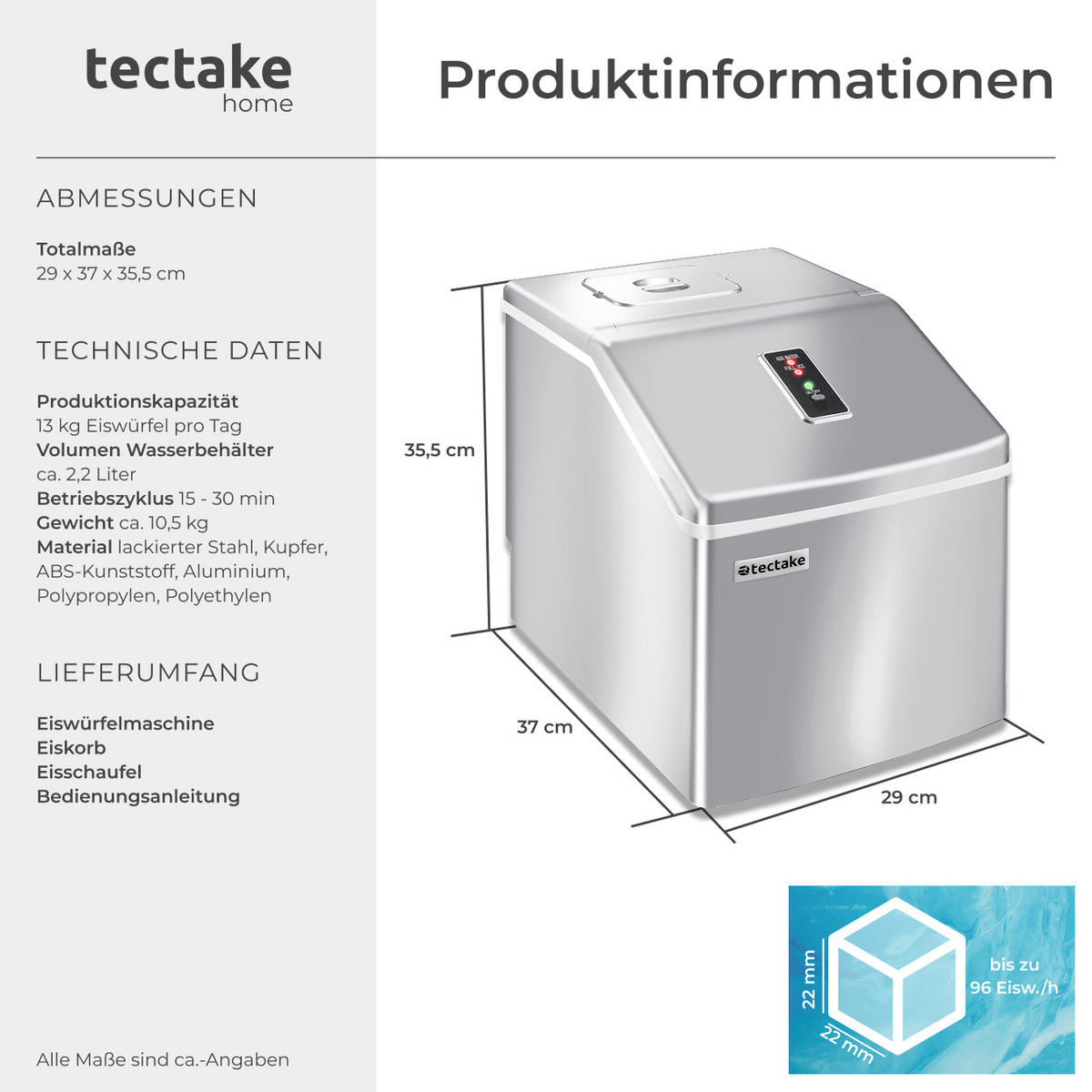 EISWÜRFELMASCHINE, inklusive Eiskorb und Eisschaufel, silber - Silberfarben, Kunststoff (29/35.5/37cm) - tectake