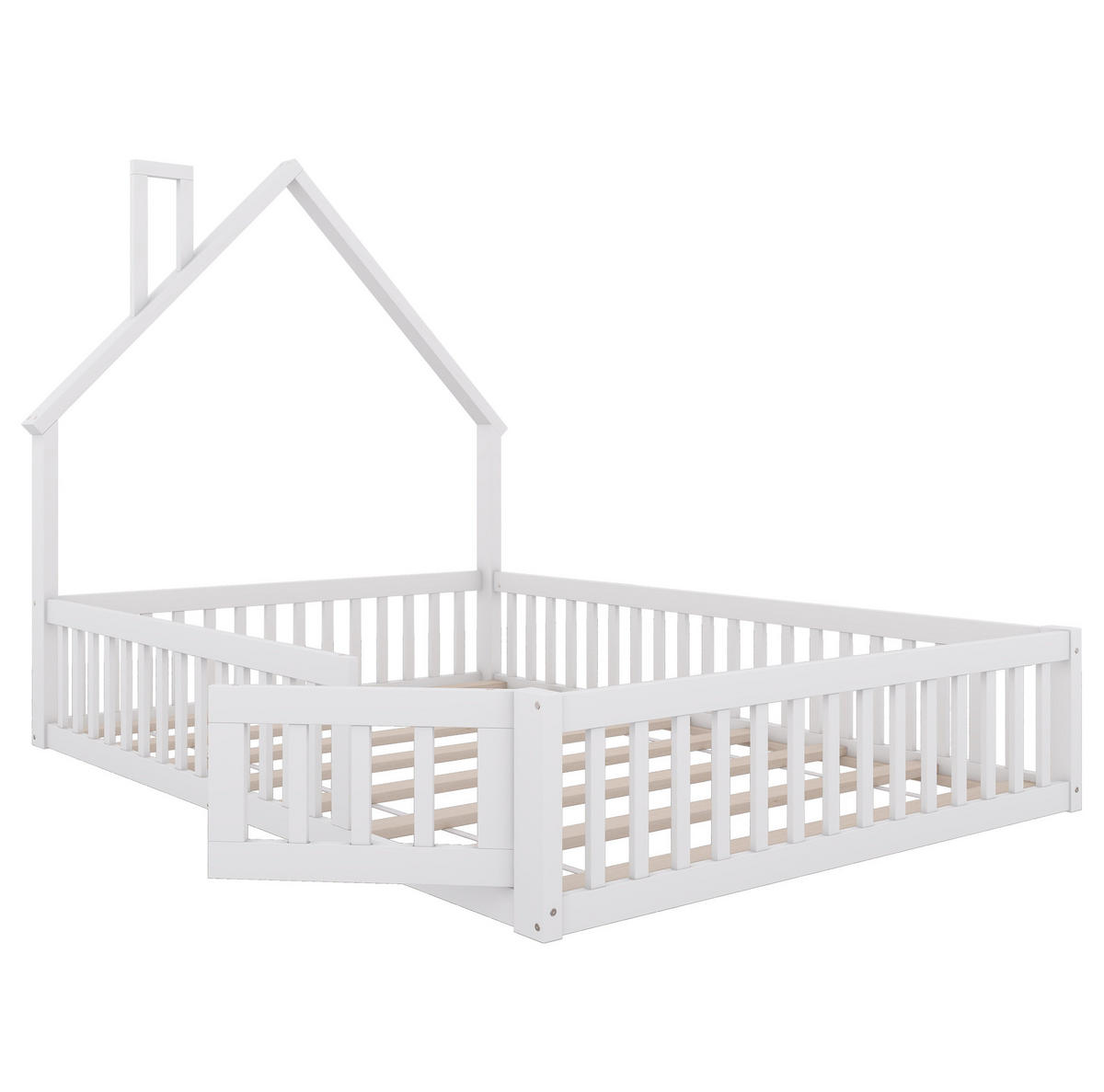 KINDERBETT 140/200 cm mit Schornsteinform, Lattenrost und Sicherheitsgitter aus Kiefer /MDF, Weiß - Weiß, Holzwerkstoff (140/200cm) - Redom