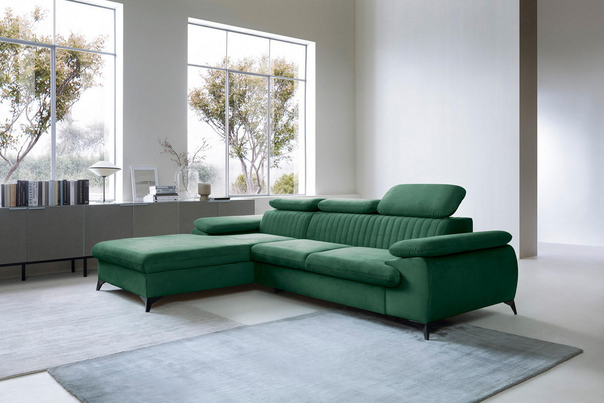 ECKSOFA 280 cm Xanto M, Schlaffunktion, verstellbaren Kopfstützen, Links, Grün - Grün, Holz (280/193cm) - Emporius