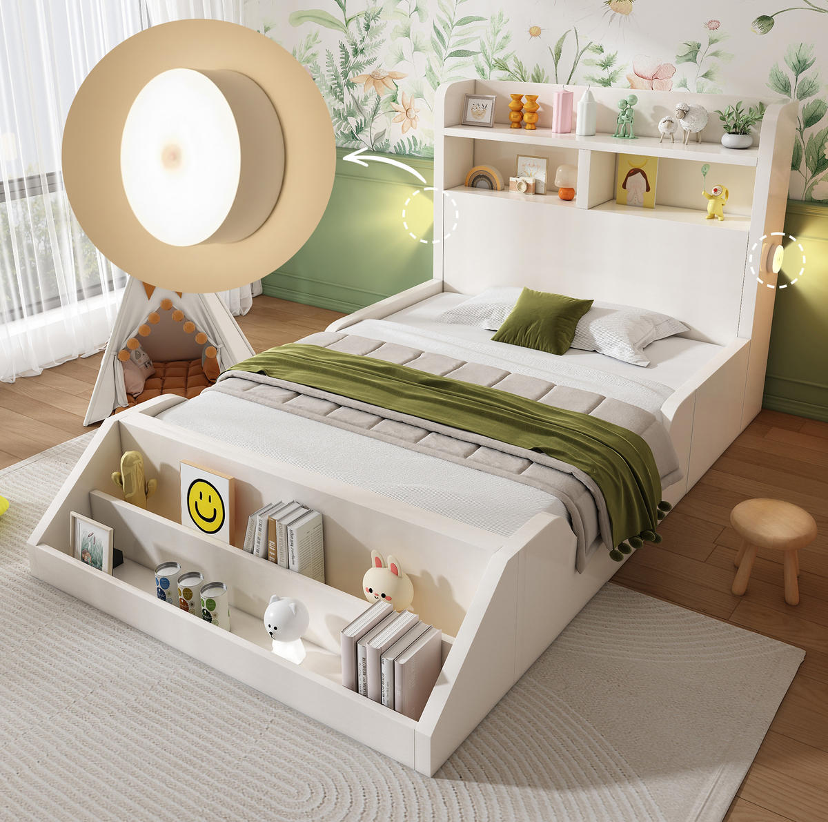 KINDERBETT 90/200 cm in Weiß mit Bücherregal, Ablagen und Nachtlichtern - Weiß, Holzwerkstoff (90/200cm) - BEAOK