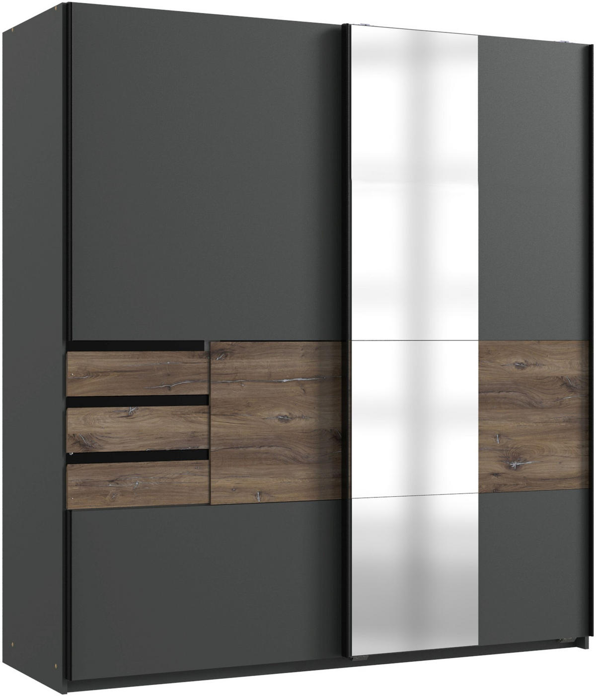 SCHWEBETÜRENSCHRANK Bamberg in Grafit mit Eiche Flagstaff 180 x 198 x 65 cm BxHxT – Kleiderschrank mit Spiegel - Grau, Holzwerkstoff (80/200/120cm)