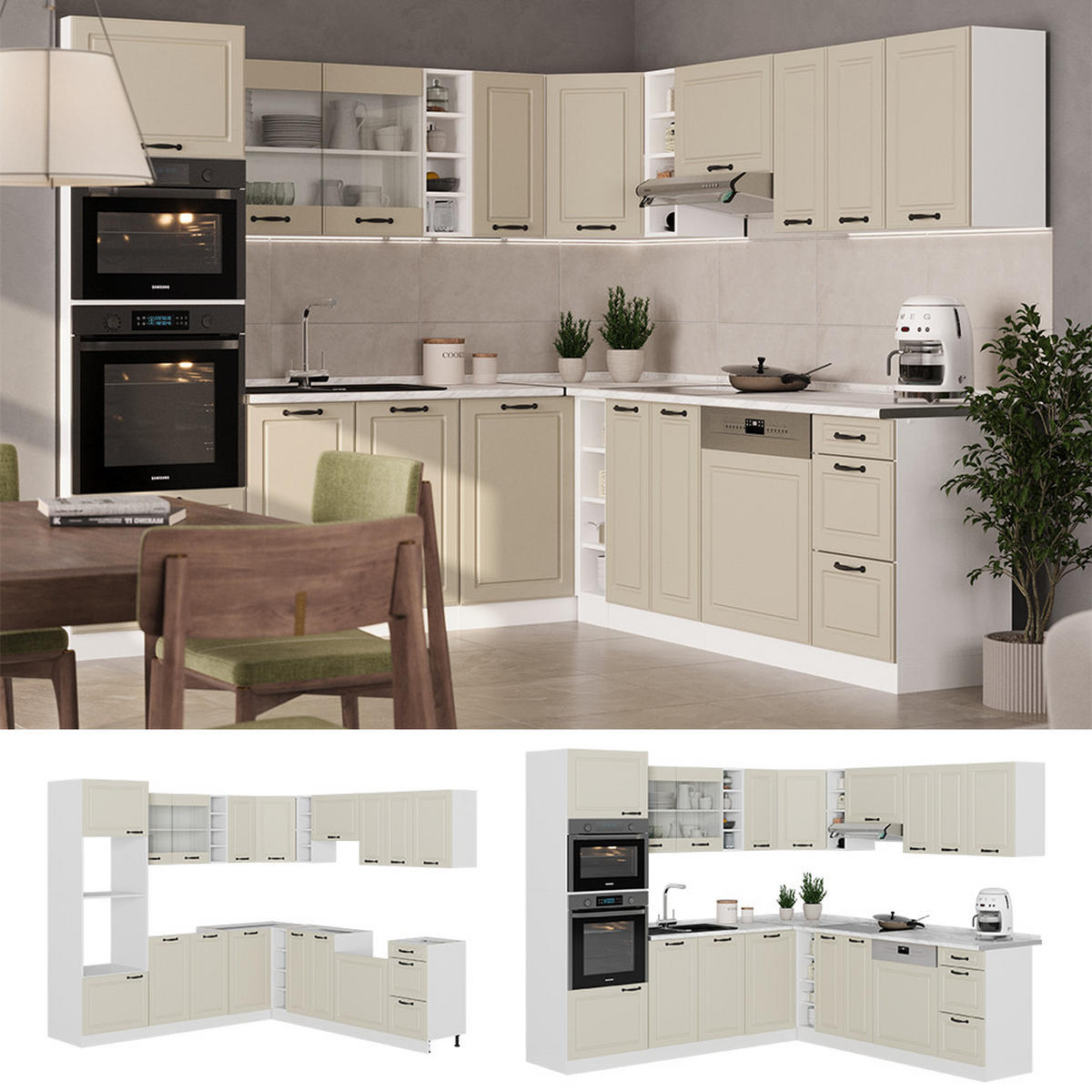 ECKKÜCHE R-Line, Sand Landhaus/Weiß, 247 x 237 cm - Beige/Weiß, Holzwerkstoff (247/206.8/46cm) - Vicco