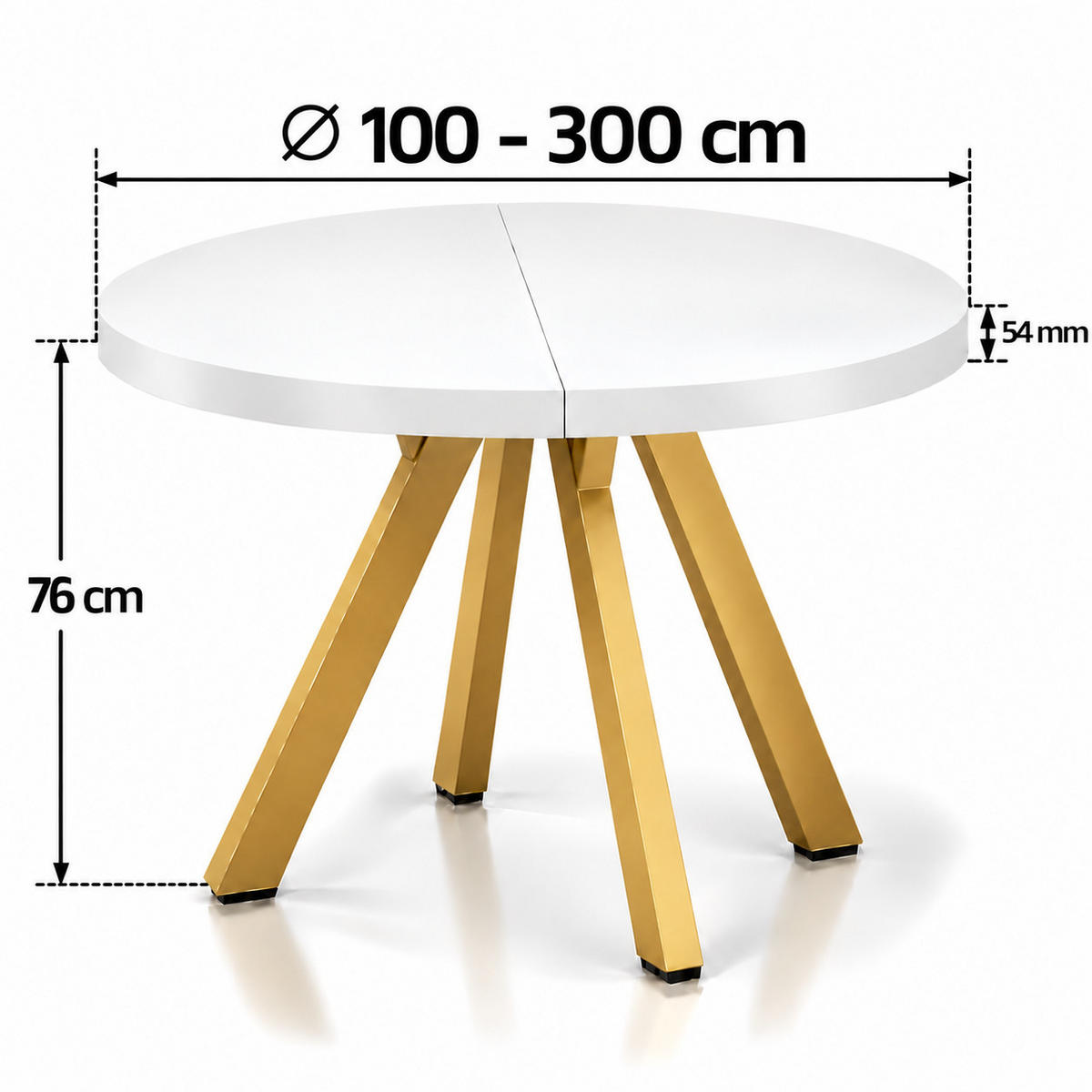 ESSTISCH rund ausziehbar 100/300/76 cm, Weiß, 54 cm Tischplatte + Y Metallgestell Gold - Goldfarben/Weiß, Holzwerkstoff/Metall (100/300/76cm) - Damale Möbel