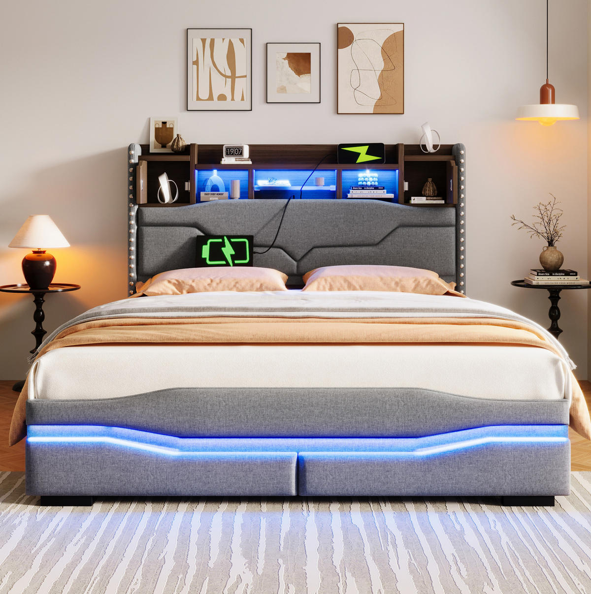 POLSTERBETT mit Stauraum & LED 140x200 cm Leinen Gray - Grau, Metall (140/200cm) - Meubliv