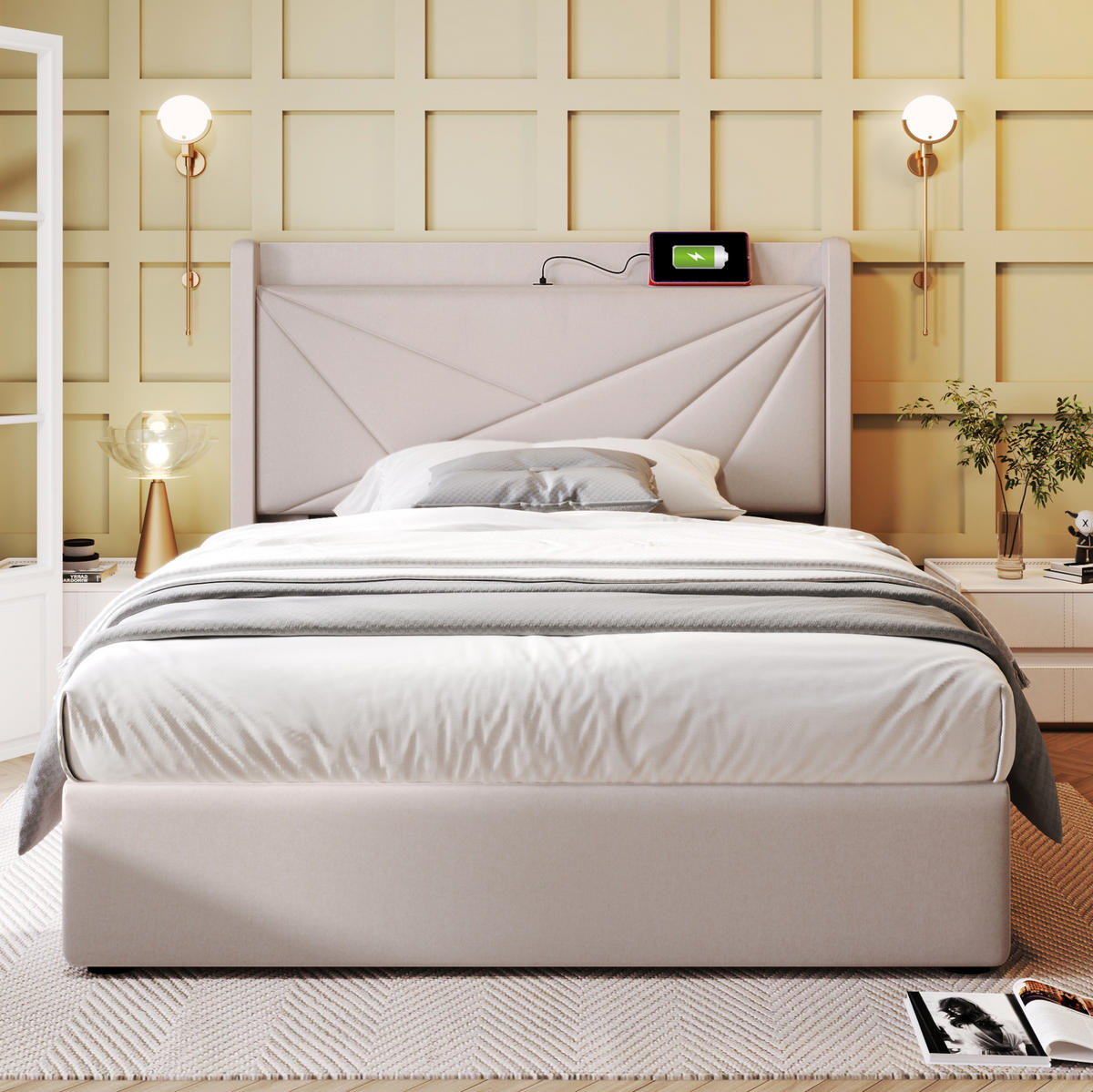 BETT mit Bettkasten und USB/Typ-C 90x200 cm Beige inkl. Matratze - Beige, Metall (90/200cm) - Meubliv