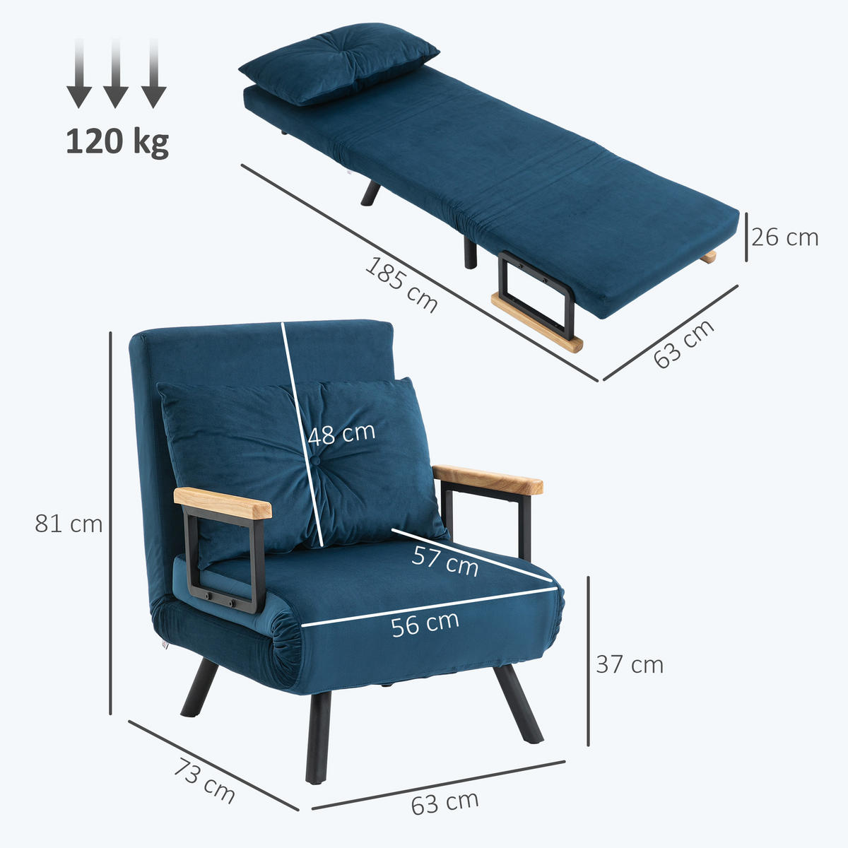 SCHLAFSESSEL, Einzelsofa mit Bettfunktion, Relaxsessel mit Rückenkissen Blau - Blau/Schwarz, Holz/Textil (73/81/63cm) - HOMCOM