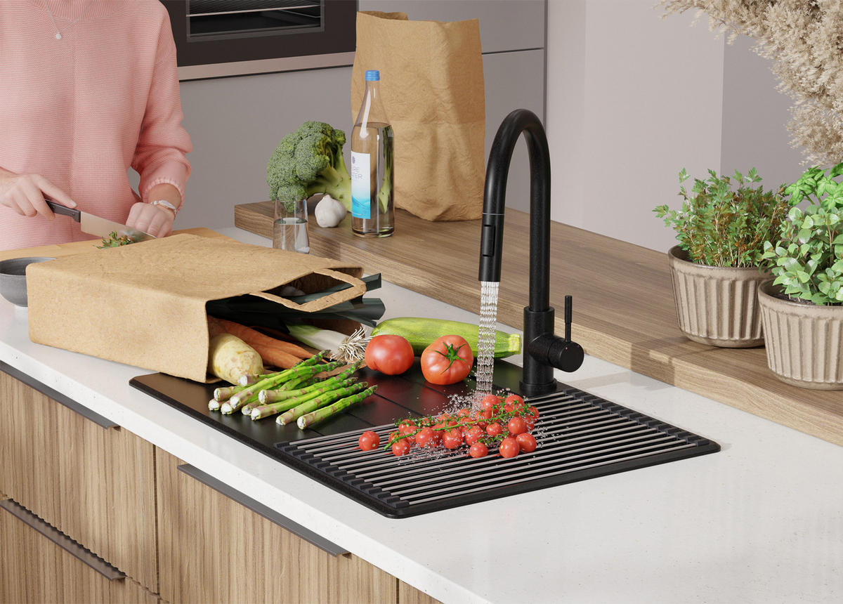 SPÜLBECKEN Kopenhagen, 2-er set Schwarz 70/50 cm 1 Becken + Ablauf-Set + Schneidebrett ab 40er Unterschrank - Chromfarben/Beige, Kunststoff (70/20/50cm) - Primagran