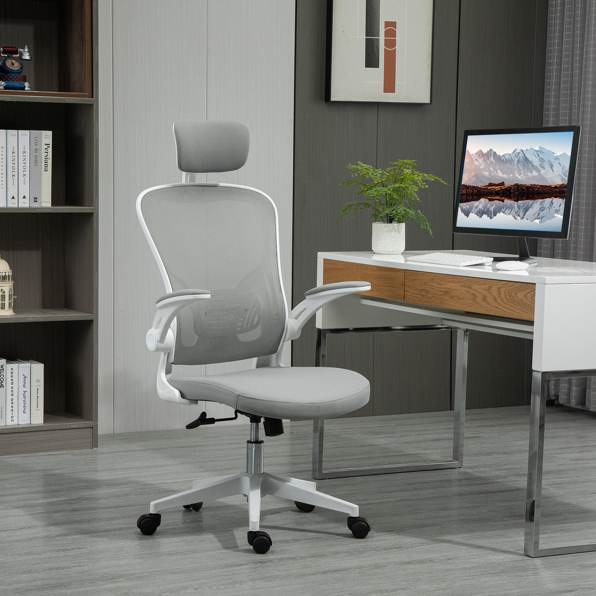 BÜROSTUHL ergonomischer Shreibtischstuhl mit Wippfunktion Kopfstütze Grau - Grau, Textil (64/122/65cm) - Vinsetto
