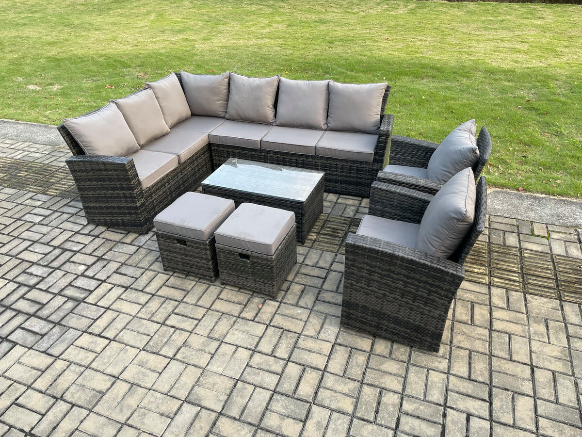 BALKONMÖBEL-SETS mit Ecksofa,Länglicher Couchtisch,2 kleine Fußhocker,2 Sesseln Polyrattan Dunkelgrau 10-Sitzer - Dunkelgrau/Grau, Glas/Kunststoff - Fimous