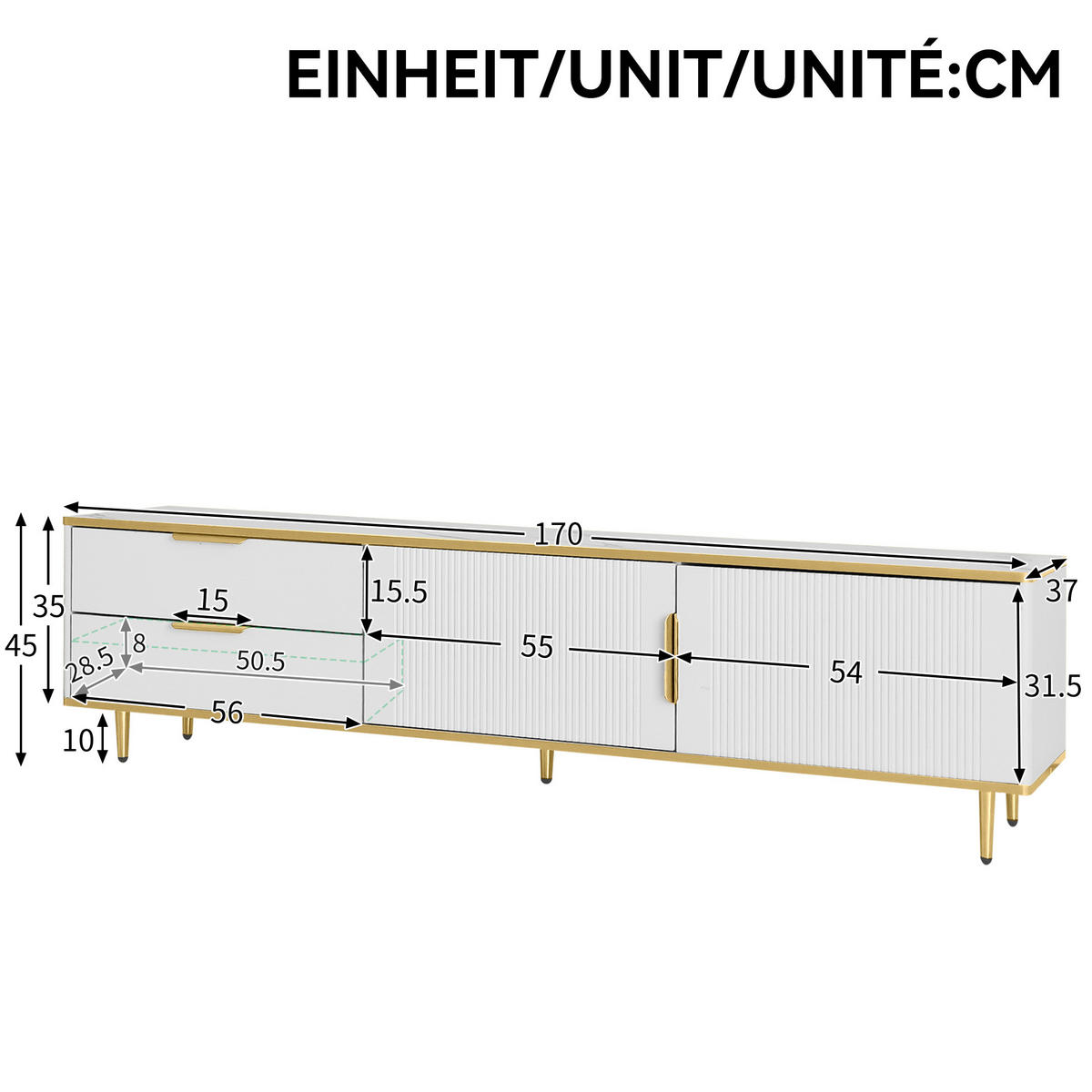 LOWBOARD 170/37/45 cm Weiß und Gold aus Holzwerkstoff mit 2 Schubladen und Schnitzmuster - Weiß, Holzwerkstoff (37/45/170cm) - OKMYHOME