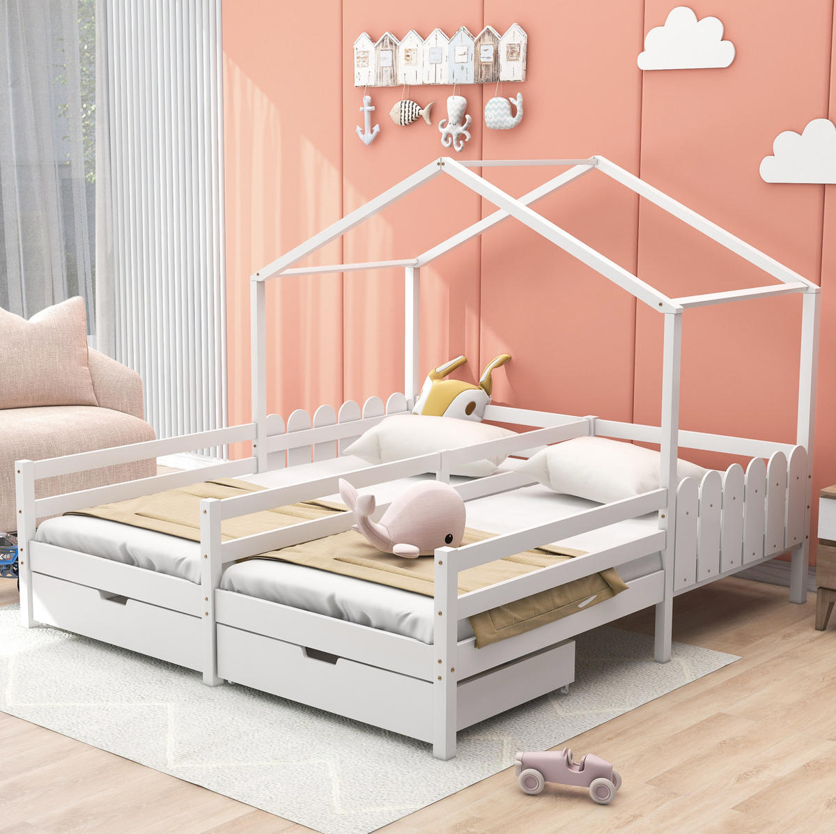 KINDERBETT Hausbett 2 x 200/90 cm mit 2 Schubladen, Schutzgitter gestell, Weiß - Weiß, Holzwerkstoff (90/200cm) - Redom