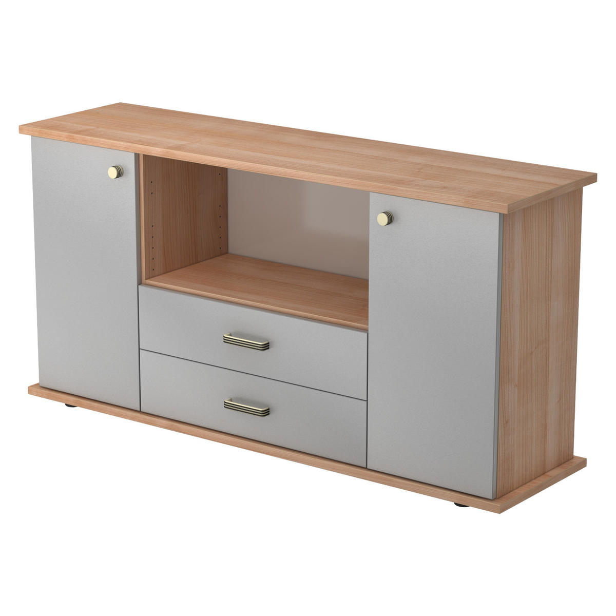 SIDEBOARD mit 2 Schübe & 2 Türen 44,8/166,1/84 cm in Nussbaumfarben/Silberfarben Knauf/Streifengriff - Silberfarben/Nussbaumfarben, Holzwerkstoff (166.1/84/44.8cm) - bümö
