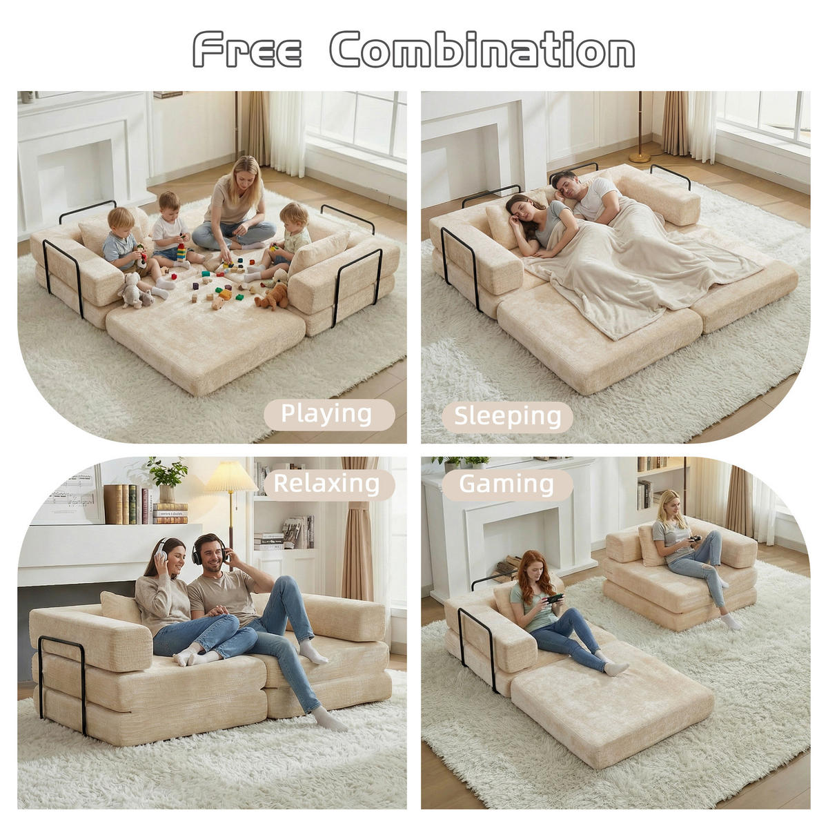 SCHLAFSOFA 2-in-1 faltbar ohne Montage, DE-42526, Beige - Beige, Textil (200/63/100cm) - ComfortXL