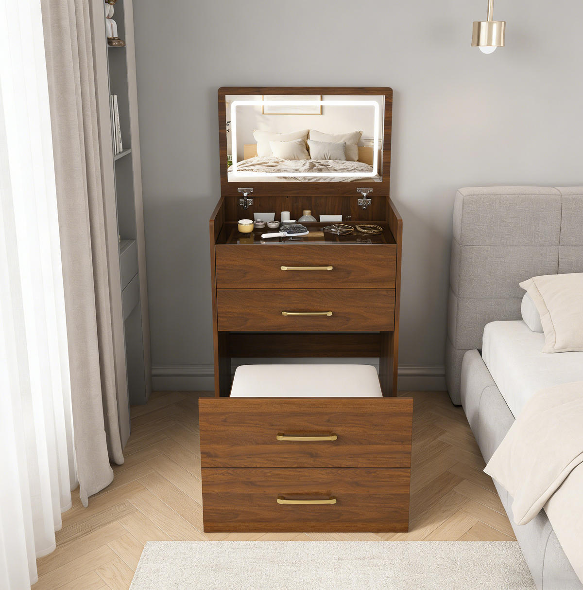 SCHMINKTISCH 40/60/118 cm walnussfarben aus MDF 3-in-1 mit Hocker - Weiß, Holzwerkstoff (40/118/60cm) - OKWISH