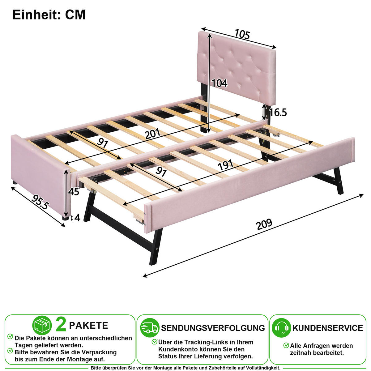 POLSTERBETT 90/200 cm & 90/190 cm in Rosa mit Rollbett und Lattenrost Samt - Rosa, Holzwerkstoff/Textil (90/200cm) - CHICFURN