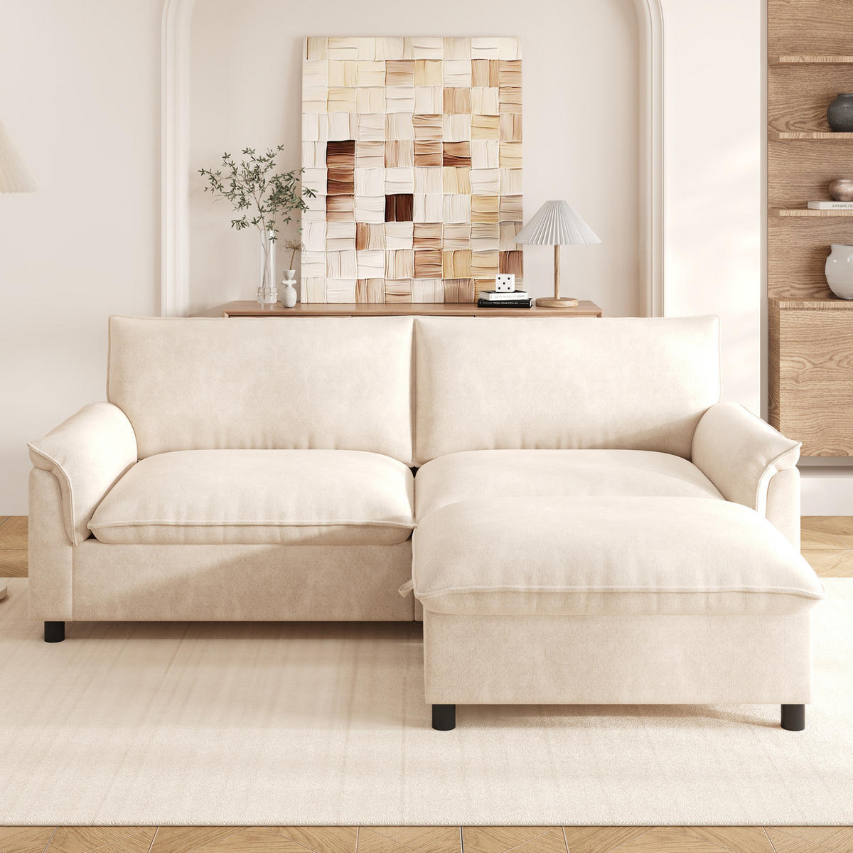 ECKSOFA 216/77/82 cm mit beweglichem Fußhocker, Stauraum und Schlaffunktion, Chenille, Beige - Beige, Textil (216/77cm) - Redom