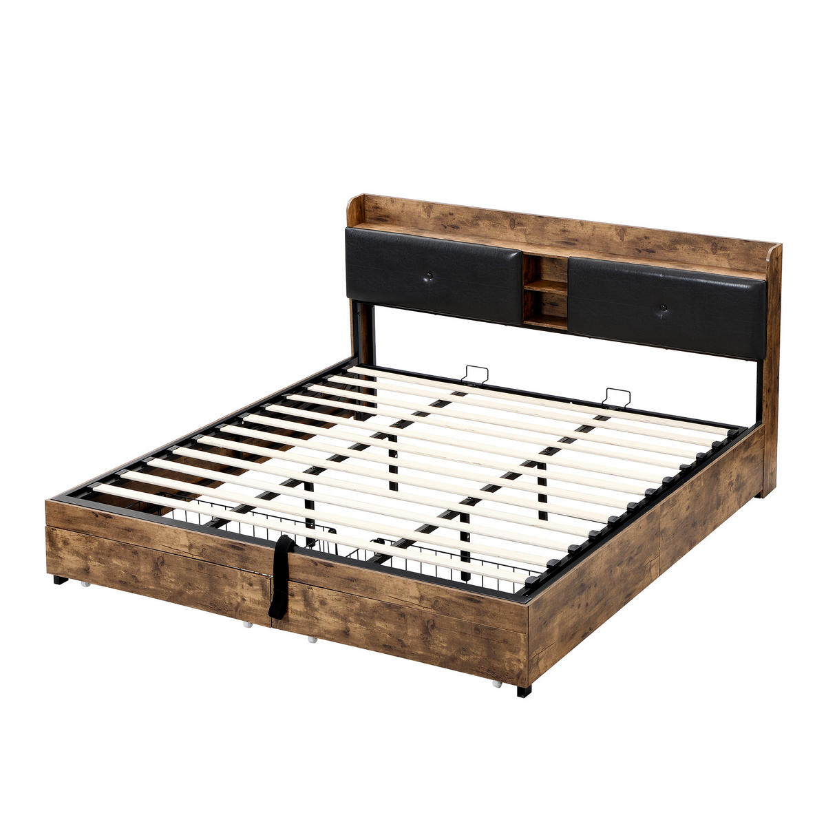 METALLBETT 180x200, hydraulisch, Kopfteil Stauraum, Lattenrost, Schwarz - Naturfarben, Holzwerkstoff (180/200cm)