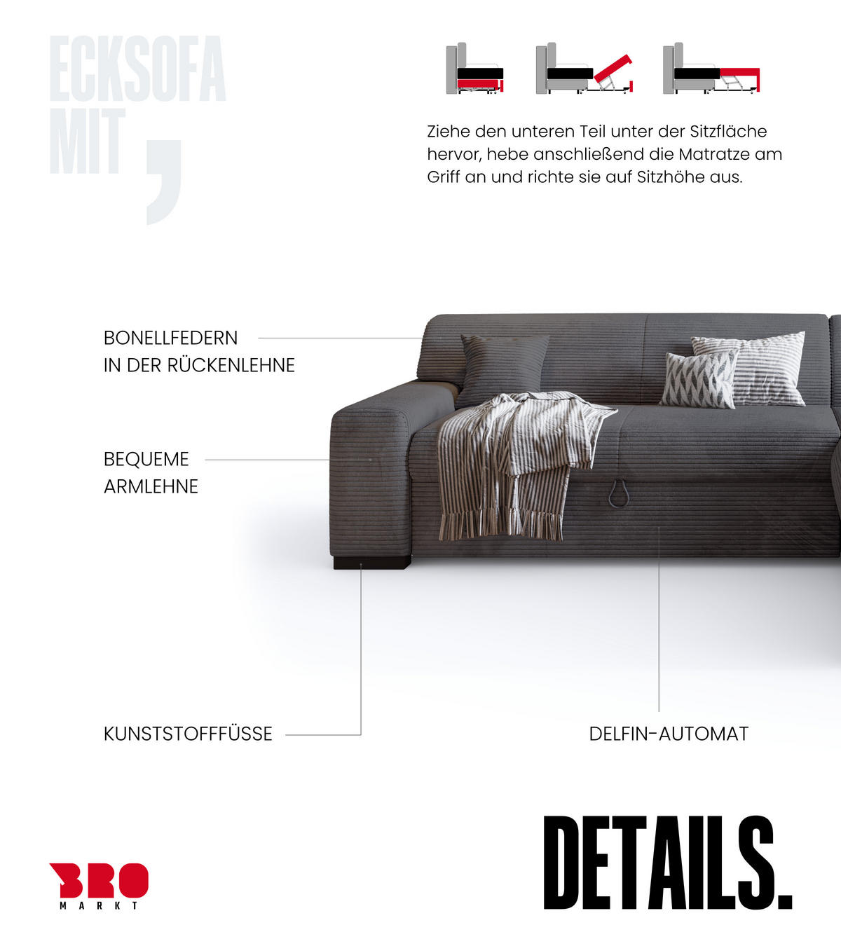 ECKSOFA mit Schlaffunktion Cordstoff MILENZO Grau Links - Grau, Holz (260/175cm) - Bromarkt