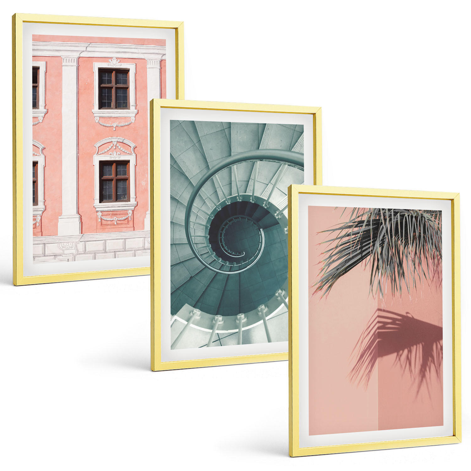BILDER SET 3er Set - 40x60 cm Goldrahmen - Pastellfarbene Spiralarchitektur - Goldfarben, Kunststoff (40/60cm) - TULUP