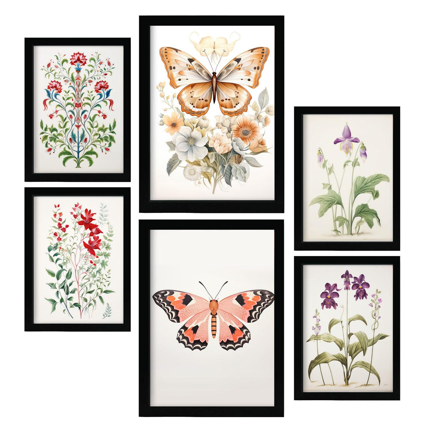 POSTER Set Mit 6 Blumen & Schmetterlinge A3 & A4 Schwarzer Rahmen - Schwarz, Papier (29/3cm) - Nacnic