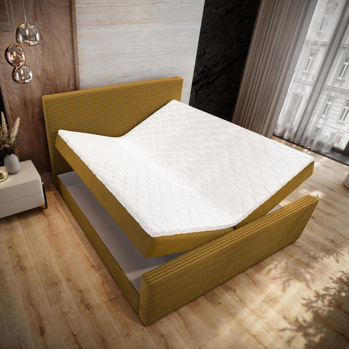 BOXBETT ALORIA 180x200 cm mit Matratze und Topper - Gelb - Gelb, Holz (180/200cm) - MASSENO