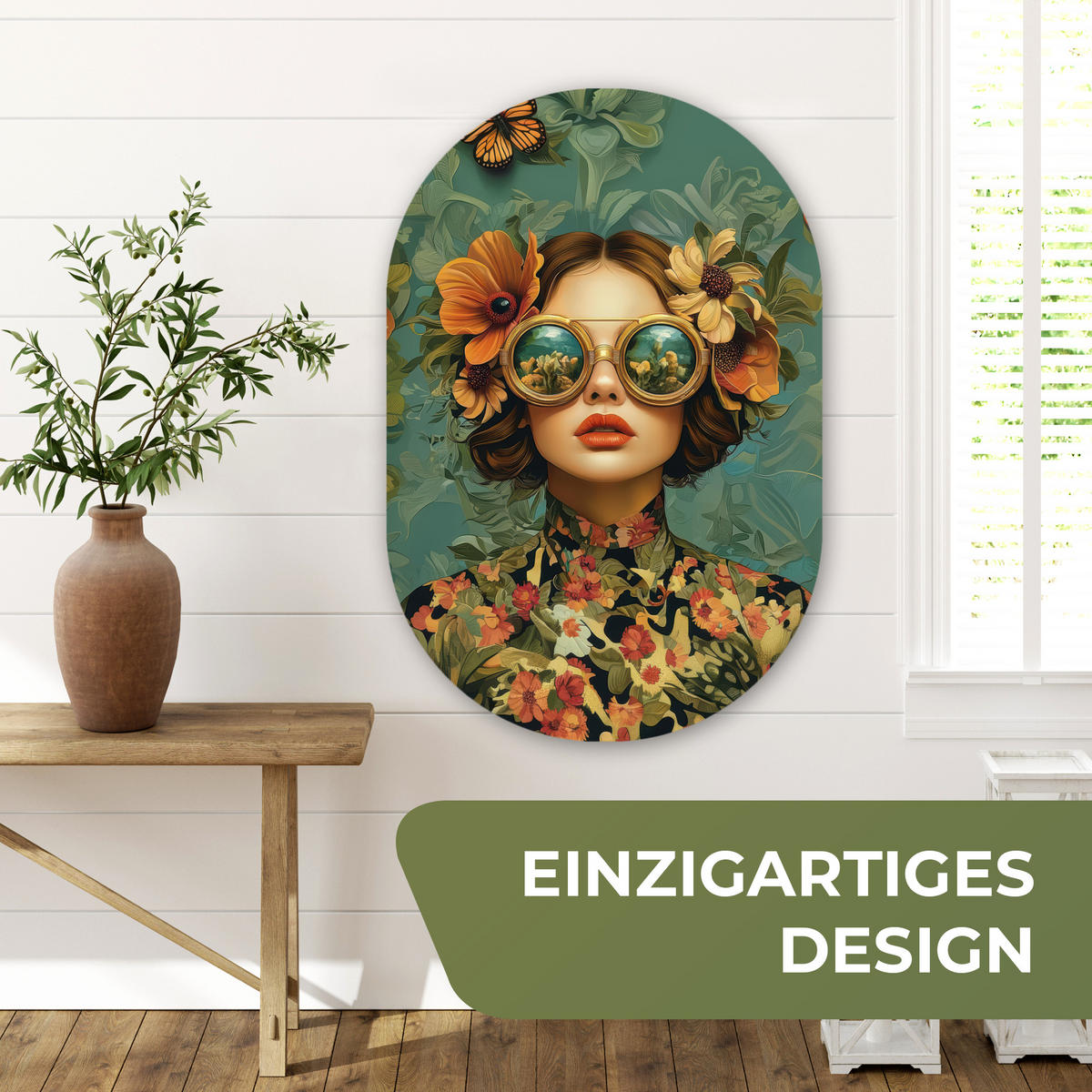 WANDBILD Frau - Blumen - Schmetterlinge - Natur - Vintage 60x90 cm - Petrol, Kunststoff (60/90cm) - MuchoWow
