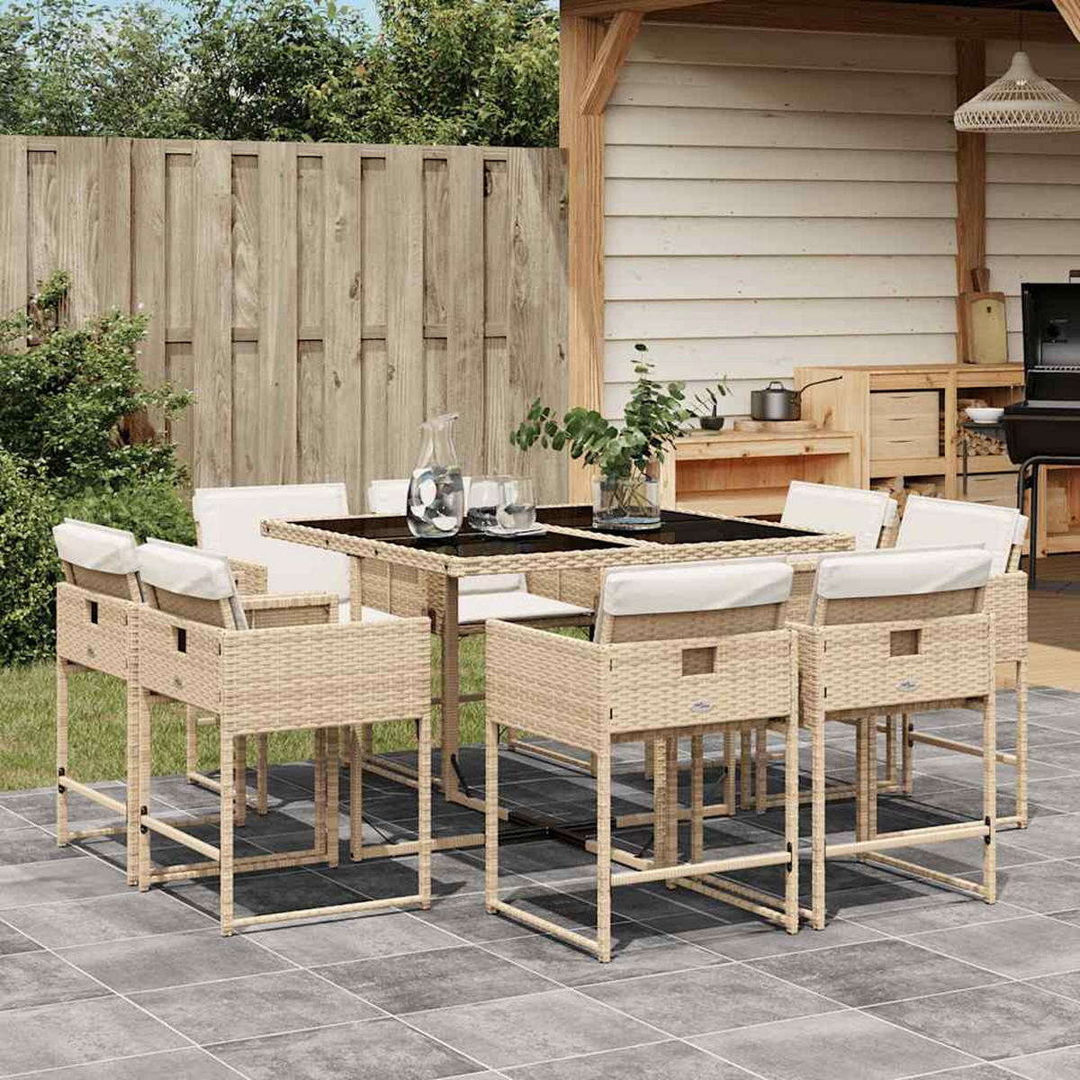 GARTEN-ESSGRUPPE 9-teilig Mit Kissen Beige Poly Rattan - Beige, Kunststoff - vidaXL
