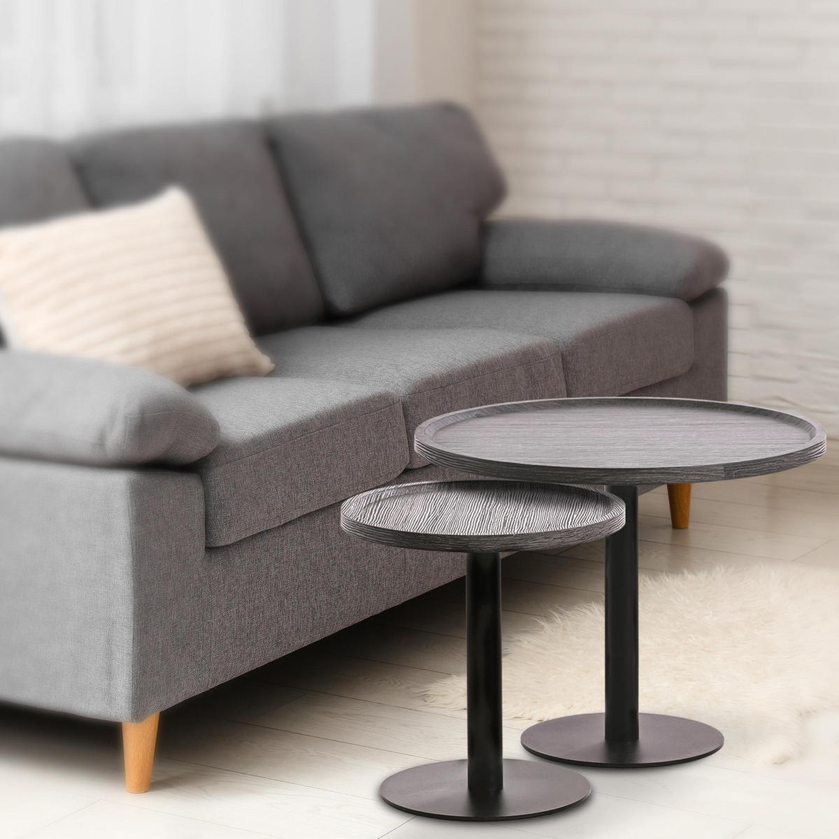 BEISTELLTISCH Kombi Set Holz Grau - Schwarz/Grau, Holz/Metall (40/40/42cm) - CLP