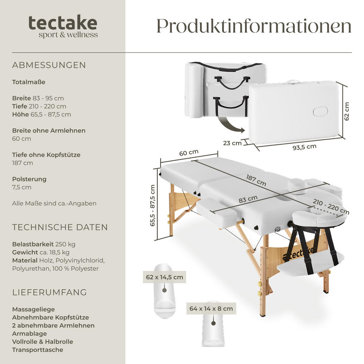 MASSAGELIEGE 2 Zonen, 220 x 83 x 87,5 cm,weiß - Weiß, Holz (59/65.5/187cm) - tectake