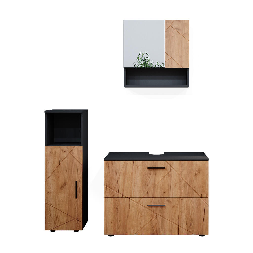BADRUMSMÖBELSET Irma Goldkraft ek/antracit 3 delar, med midi-skåp Honungsek, Antracit 58.6/80/41 cm